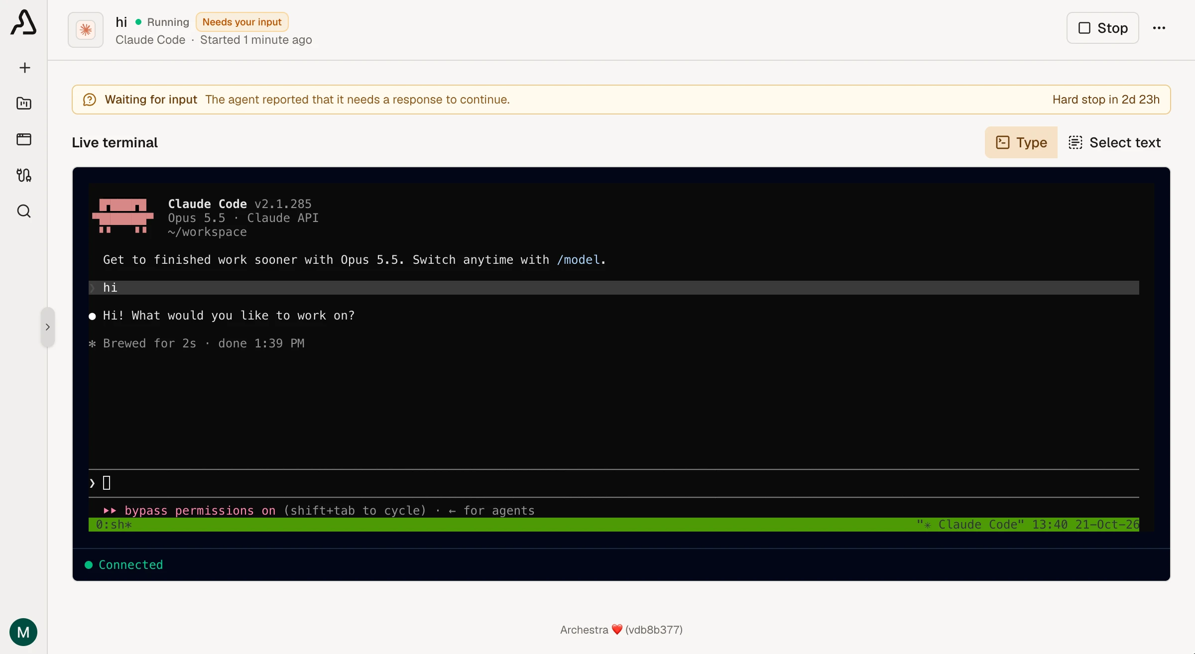 Claude Code running in Archestra's Agent Runtime
