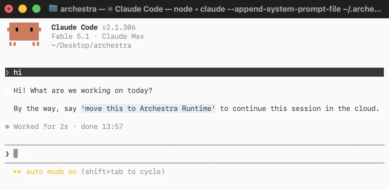 Claude Code offering to move the session to Archestra's cloud runtime