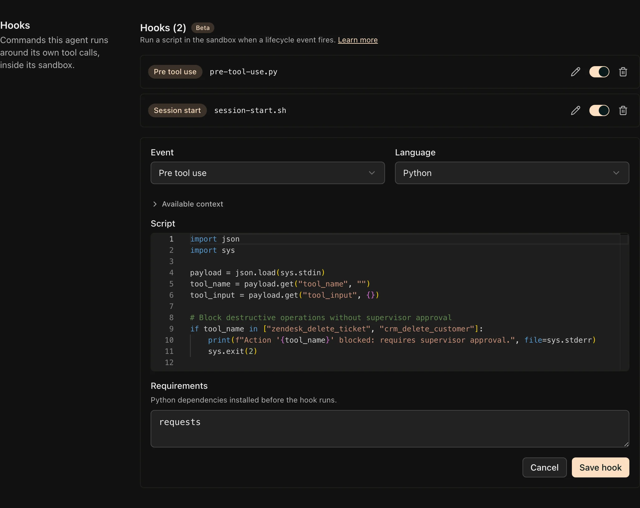 The Hooks editor on an agent