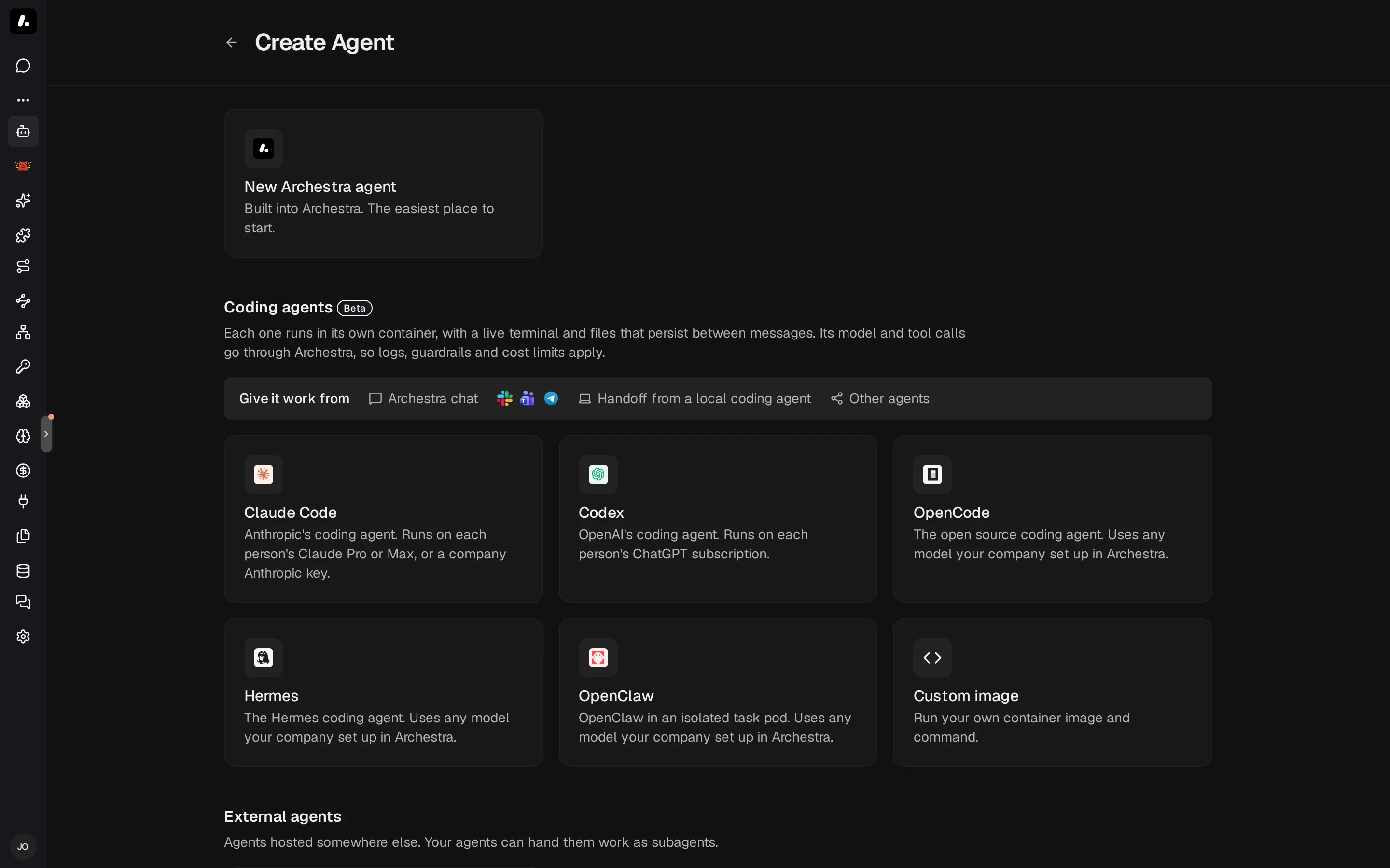 The Create Agent page with Claude Code, Codex, OpenCode, Hermes, and OpenClaw under Managed agents