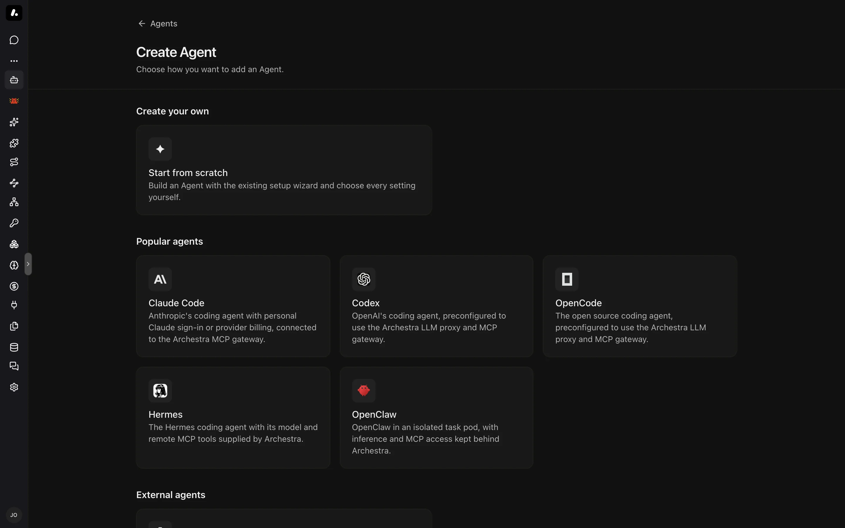 The Create Agent page with Claude Code, Codex, OpenCode, Hermes, and OpenClaw under Popular agents