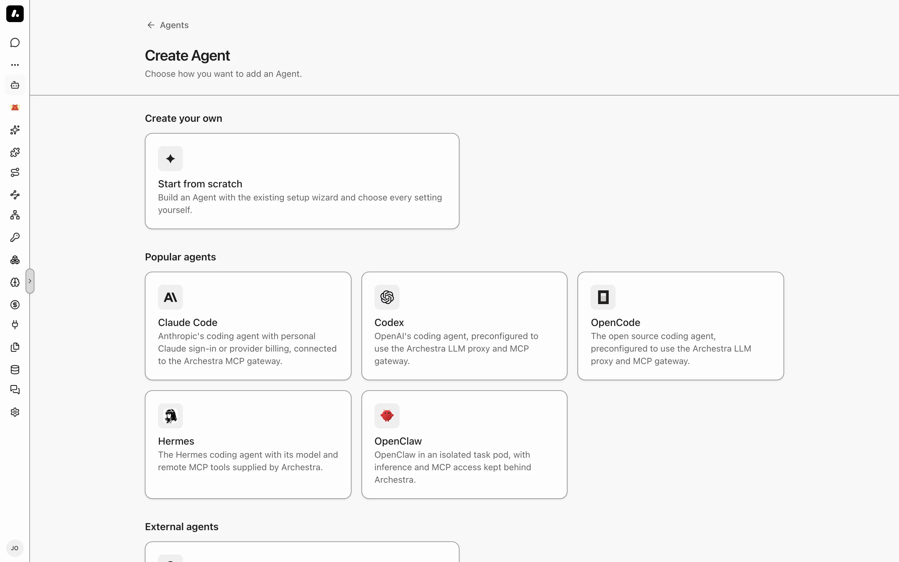 The Create Agent page with Claude Code, Codex, OpenCode, Hermes, and OpenClaw under Popular agents