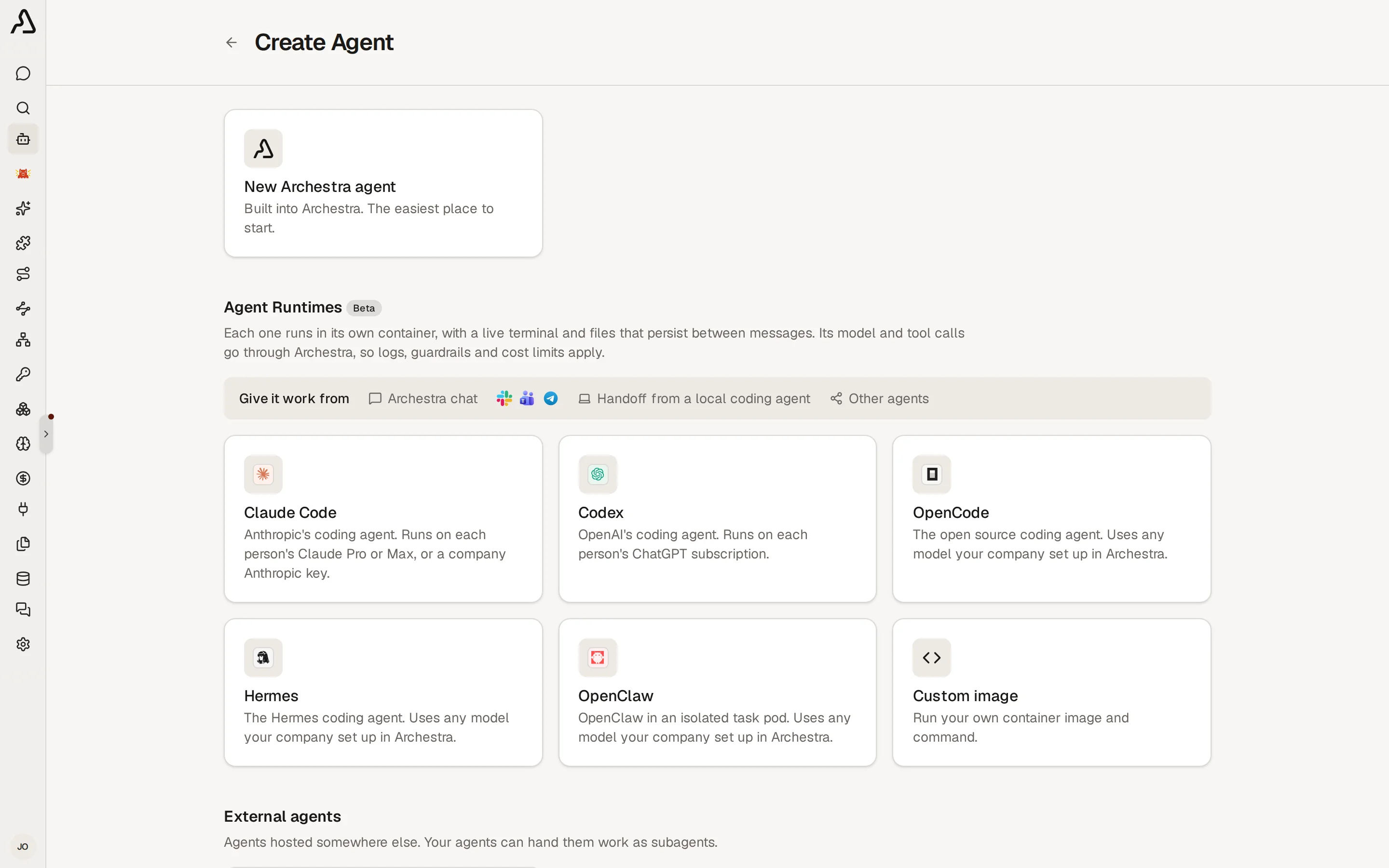 The Create Agent page with Claude Code, Codex, OpenCode, Hermes, and OpenClaw under Coding agents