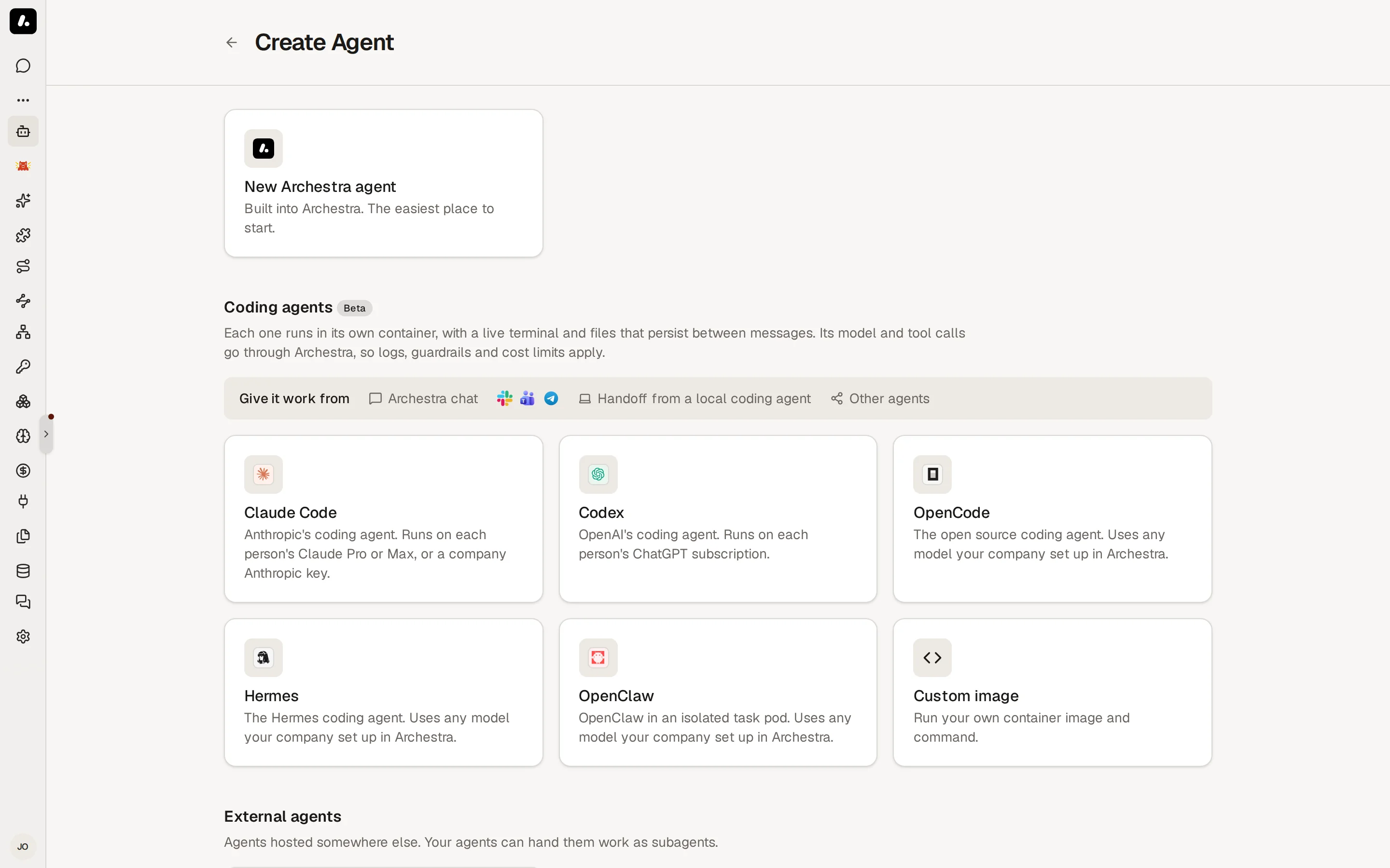 The Create Agent page with Claude Code, Codex, OpenCode, Hermes, and OpenClaw under Managed agents