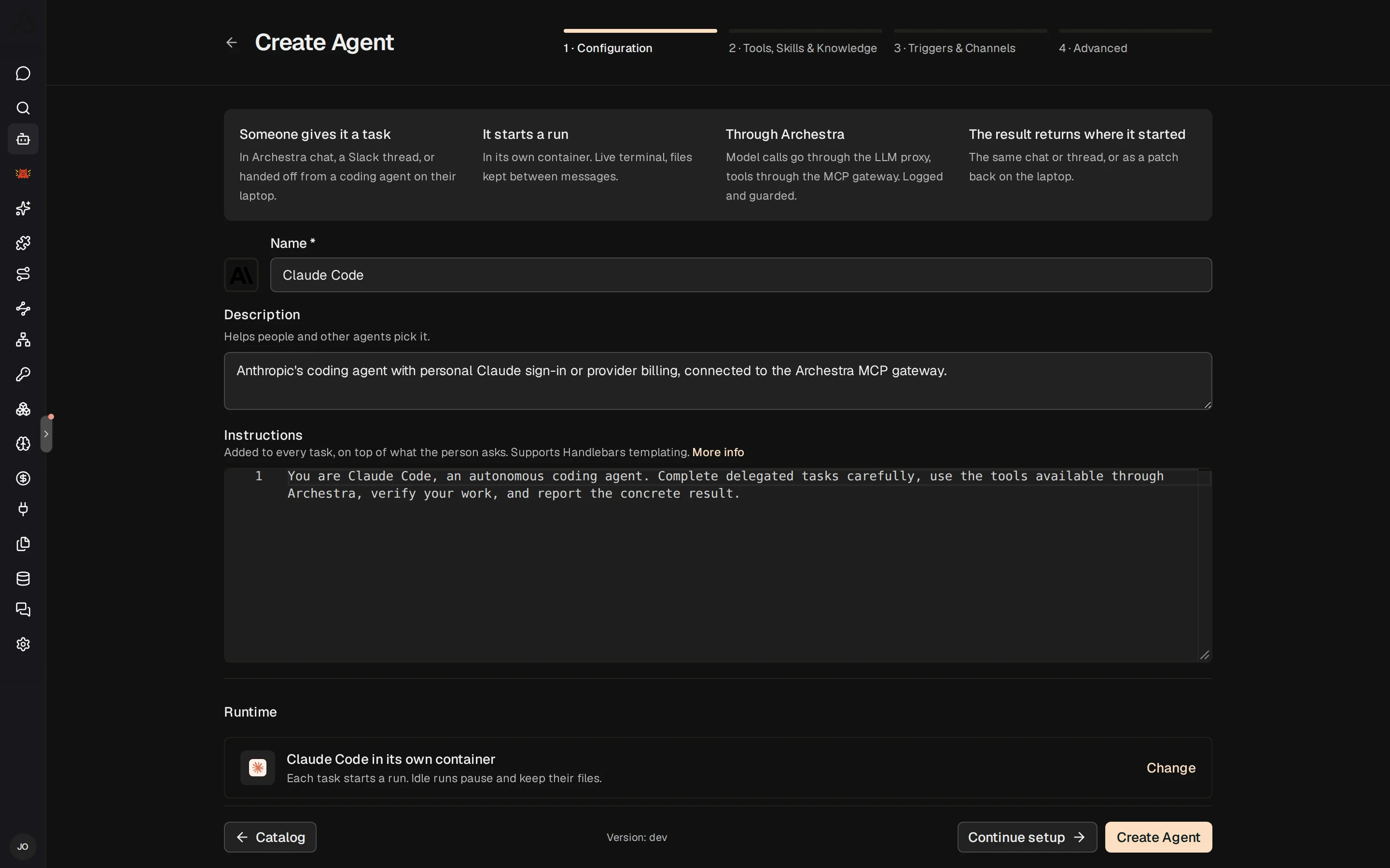 The Configuration step with Claude Code selected in the Runtime picker