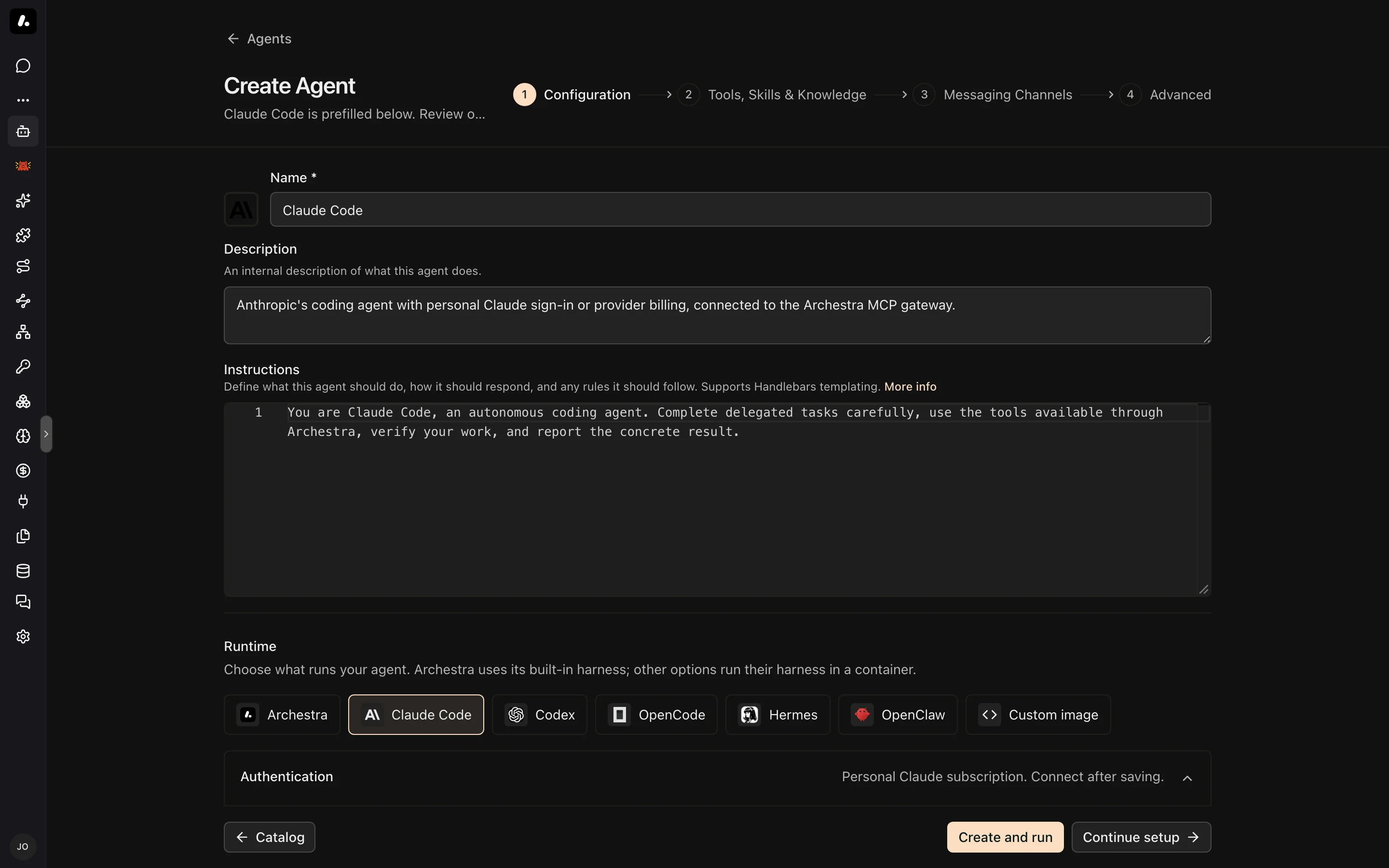 The Configuration step with Claude Code selected in the Runtime picker