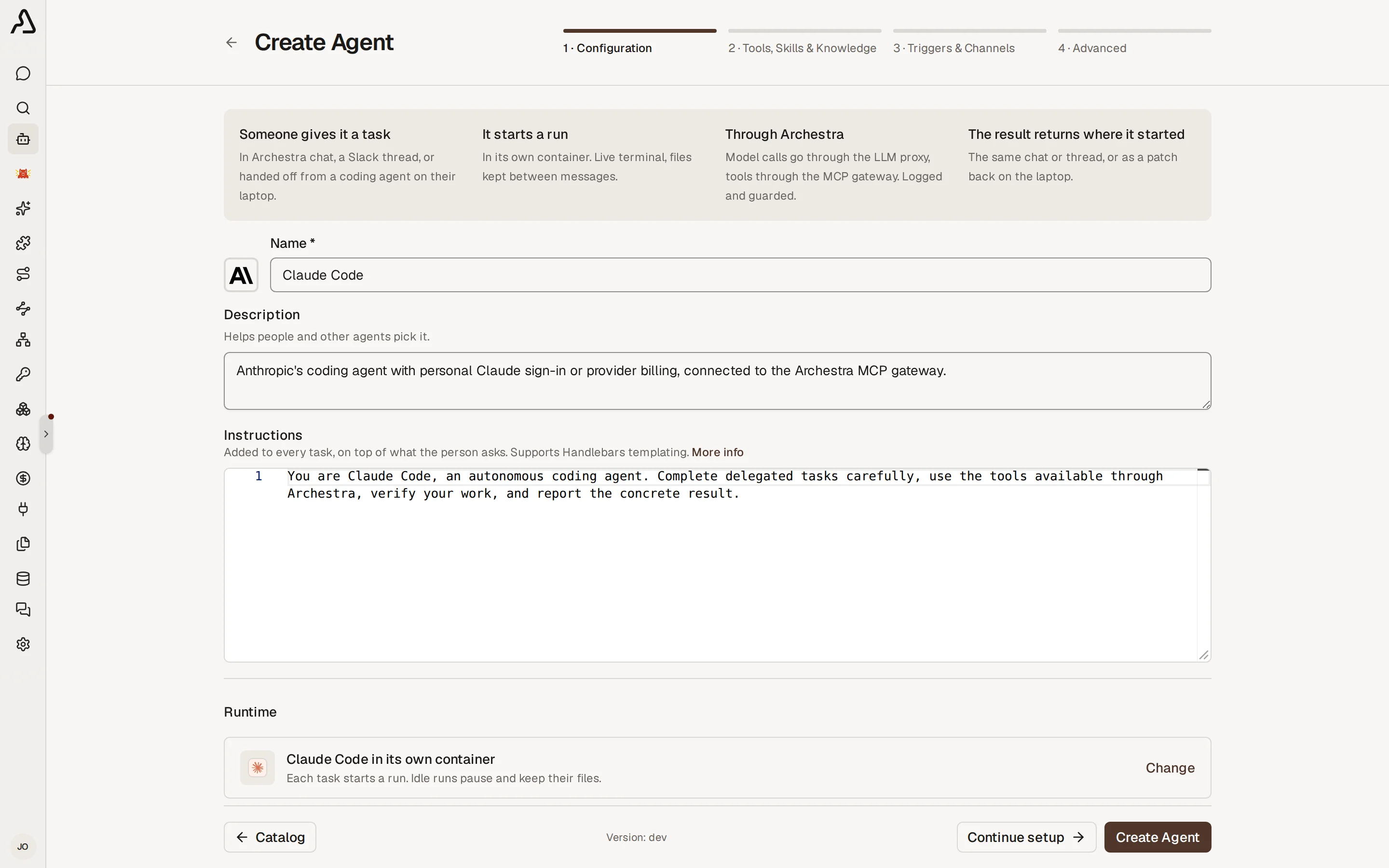 The Configuration step with Claude Code selected in the Runtime picker