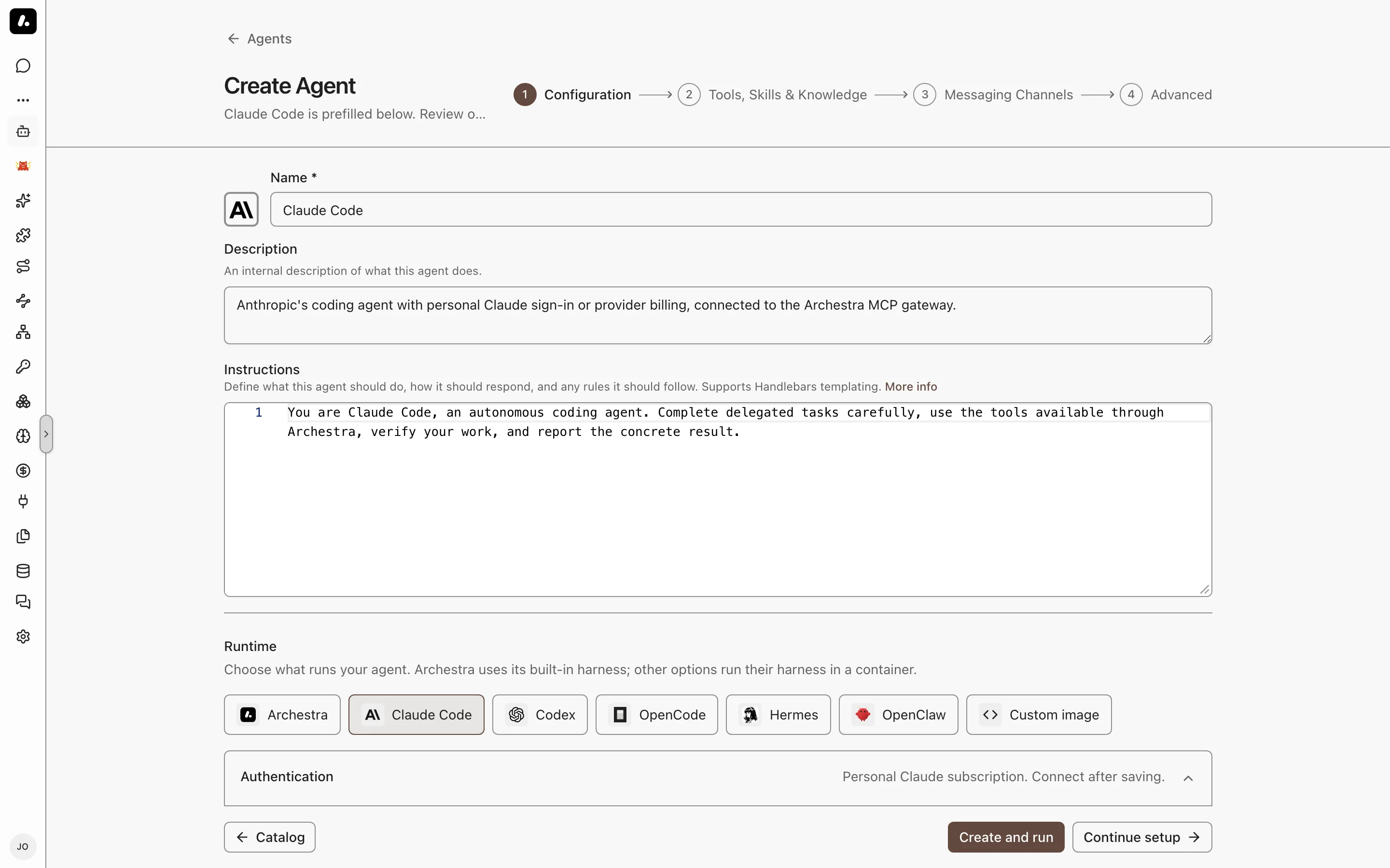 The Configuration step with Claude Code selected in the Runtime picker