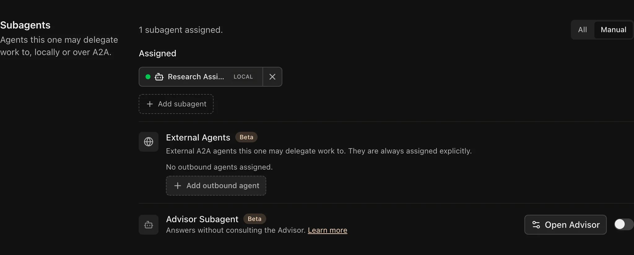The Subagents settings on an agent