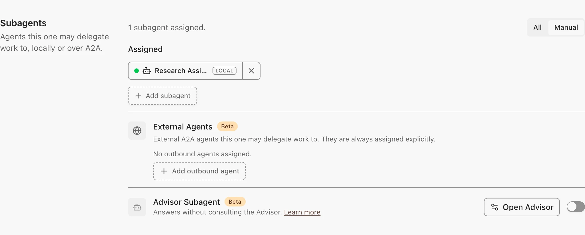 The Subagents settings on an agent