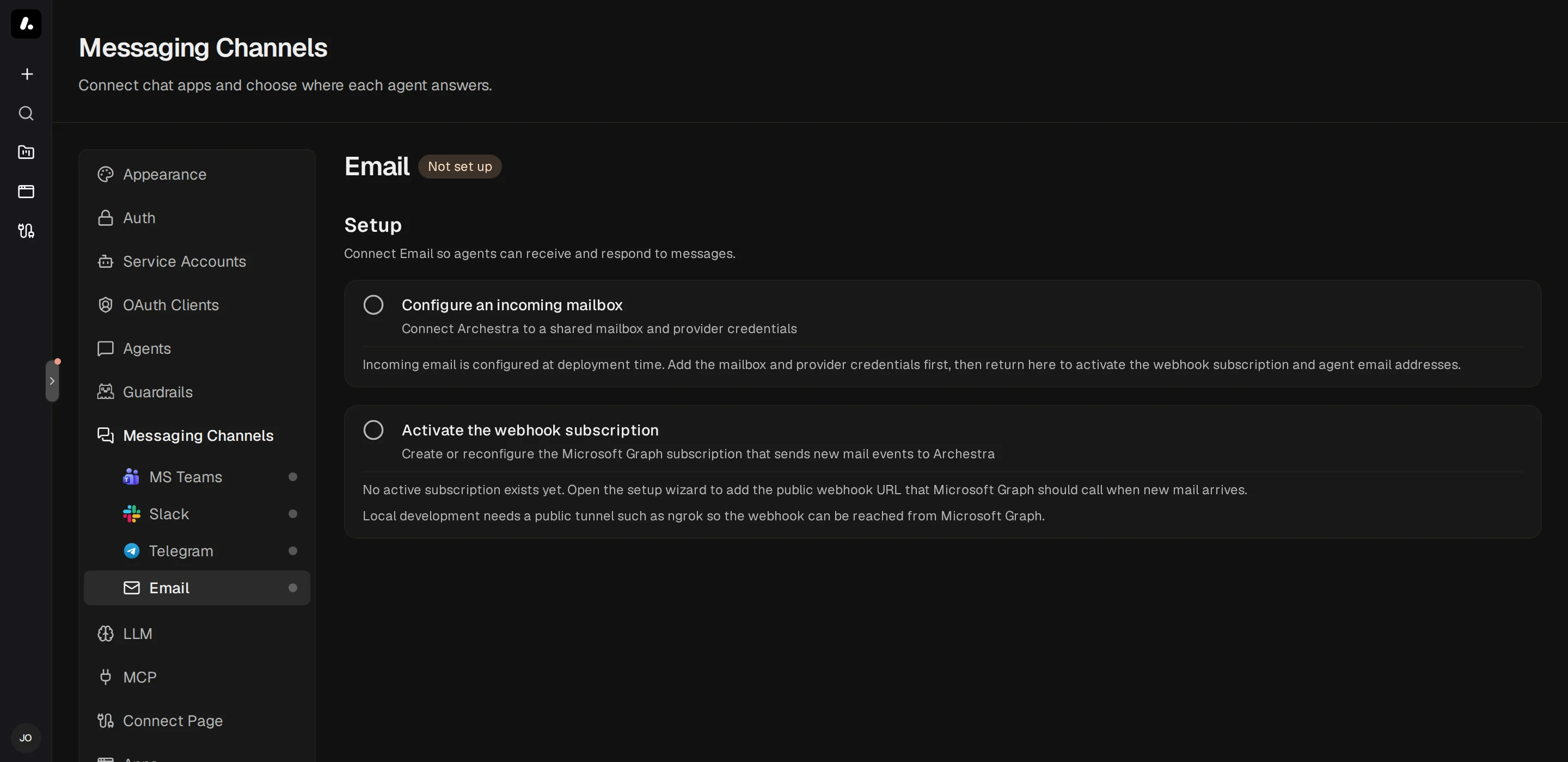 The incoming email setup steps in Settings