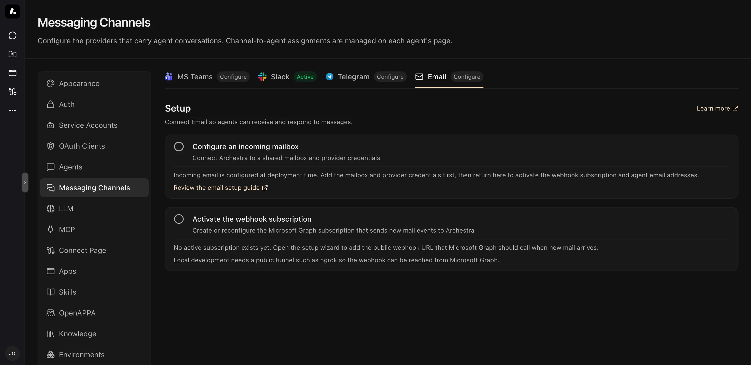 The incoming email setup steps in Settings