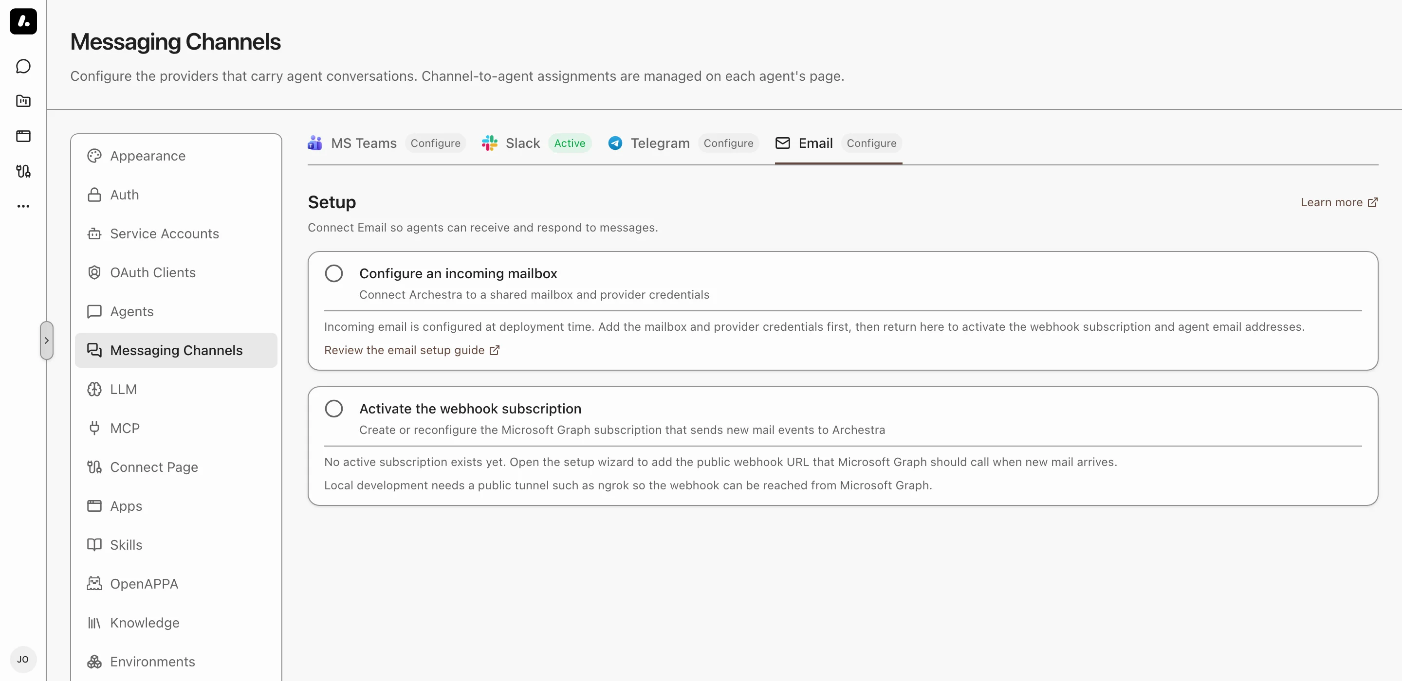 The incoming email setup steps in Settings