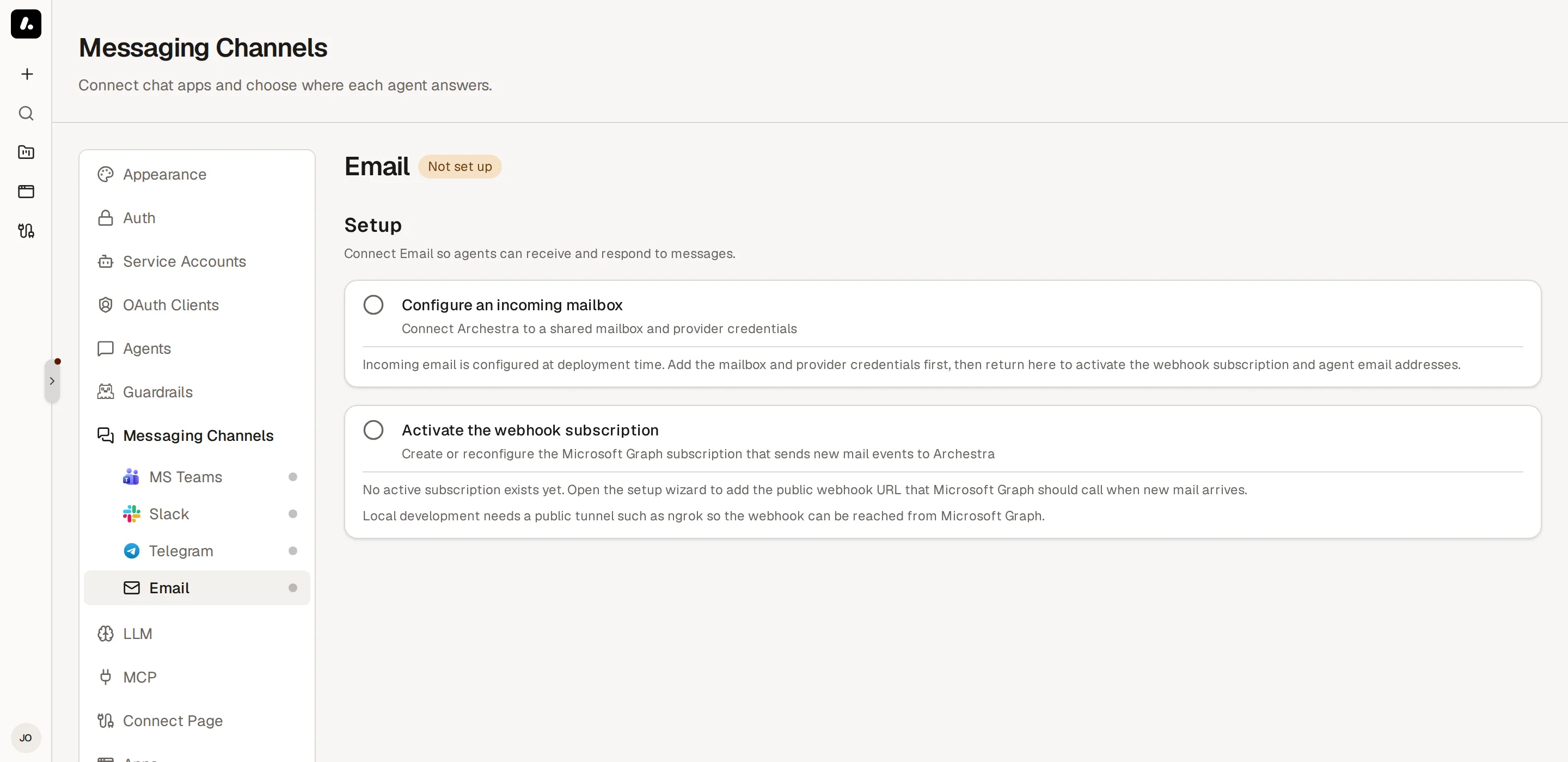 The incoming email setup steps in Settings