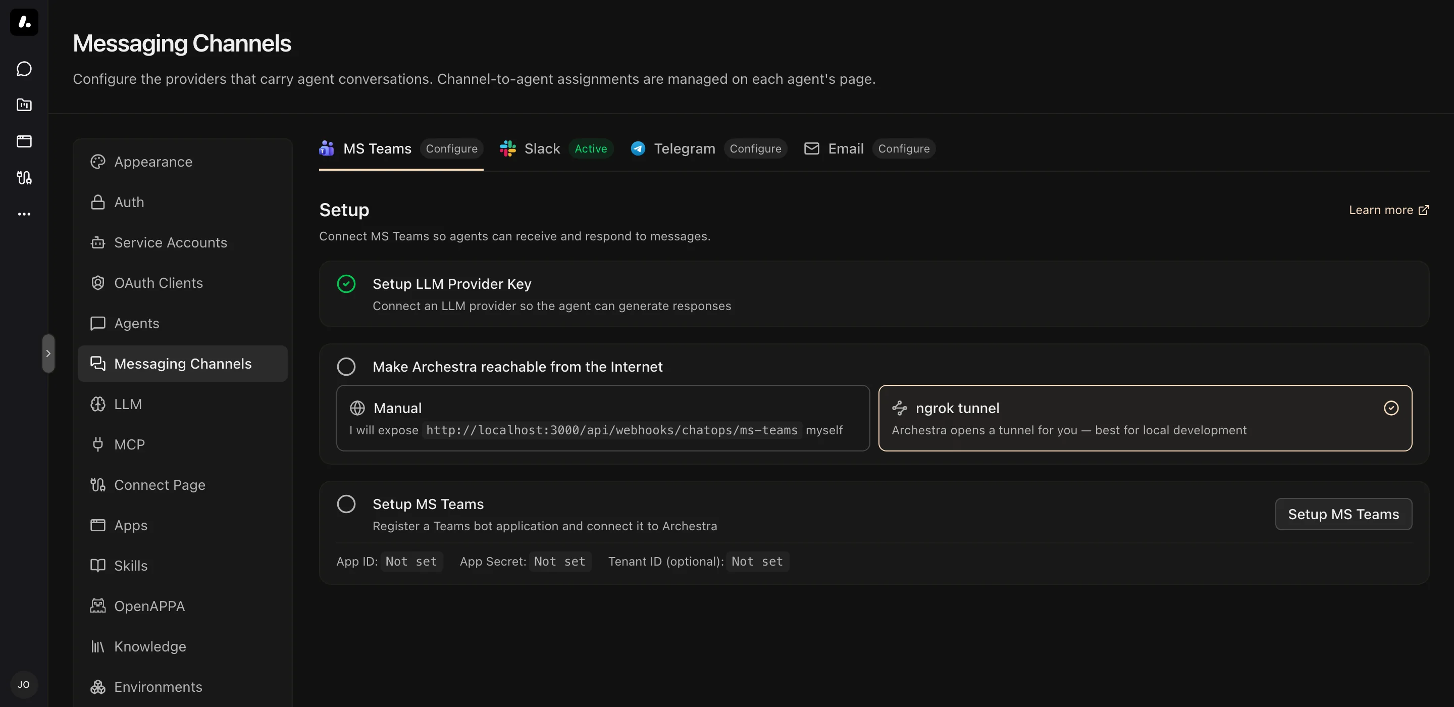 The Microsoft Teams setup steps in Settings