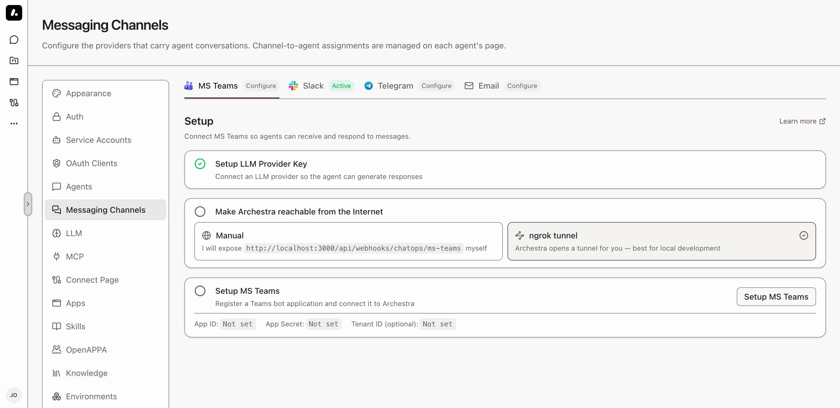 The Microsoft Teams setup steps in Settings