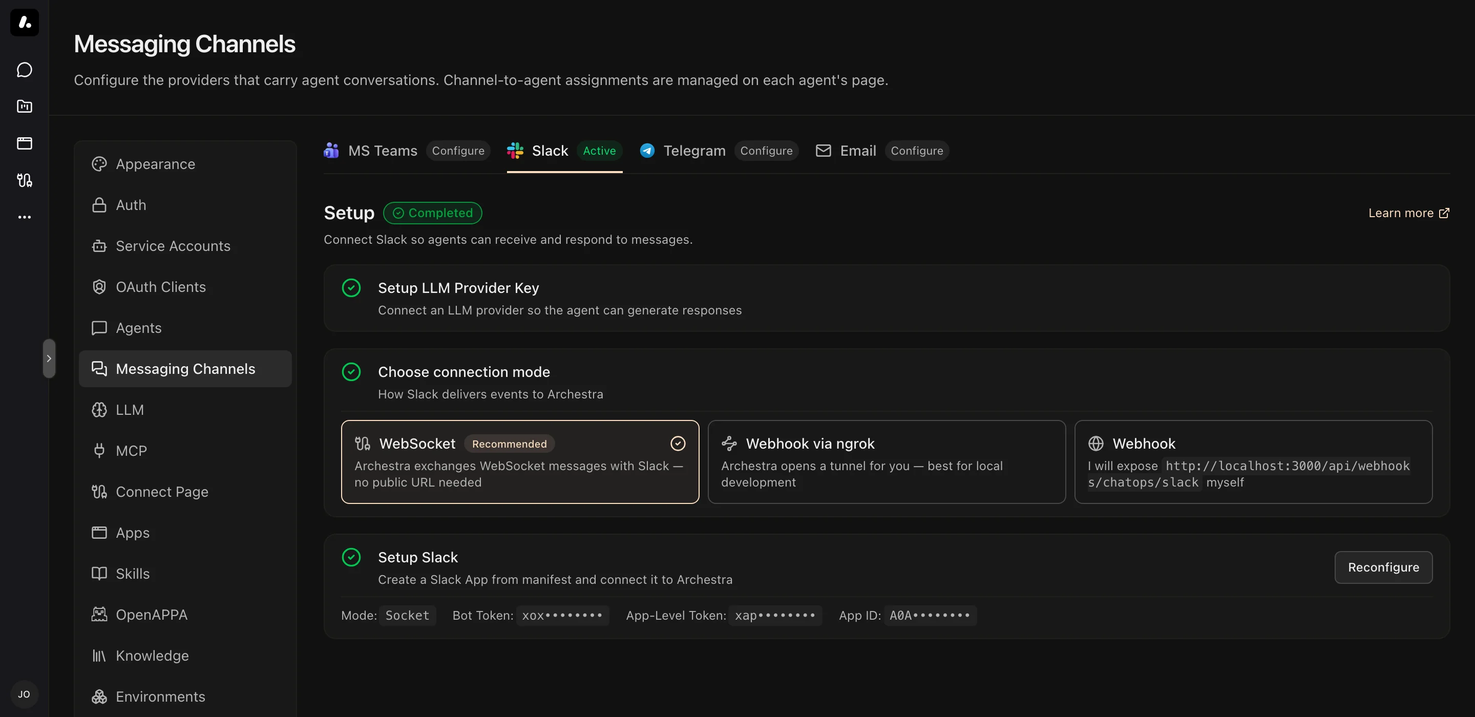 The Slack setup steps in Settings