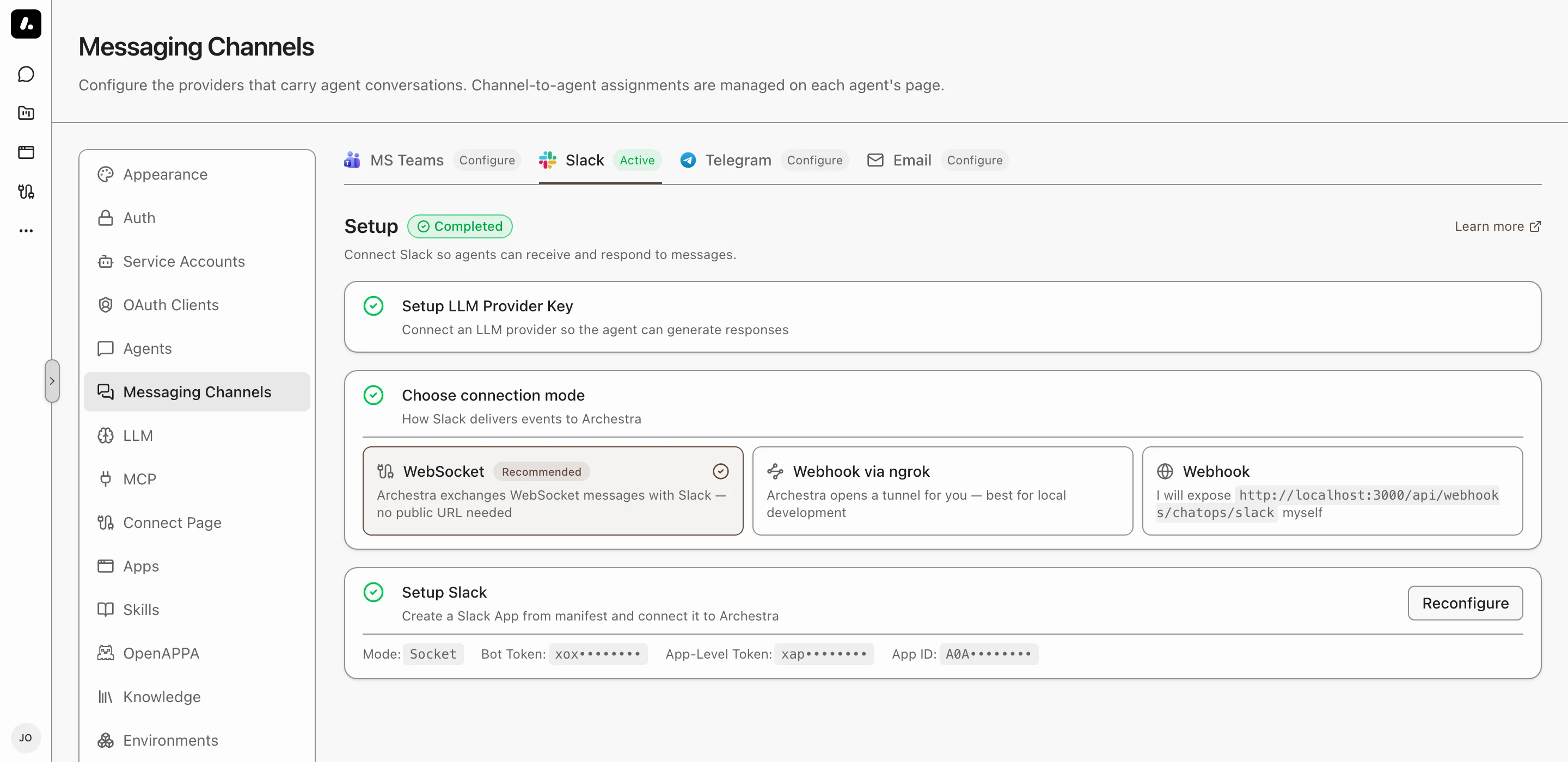The Slack setup steps in Settings