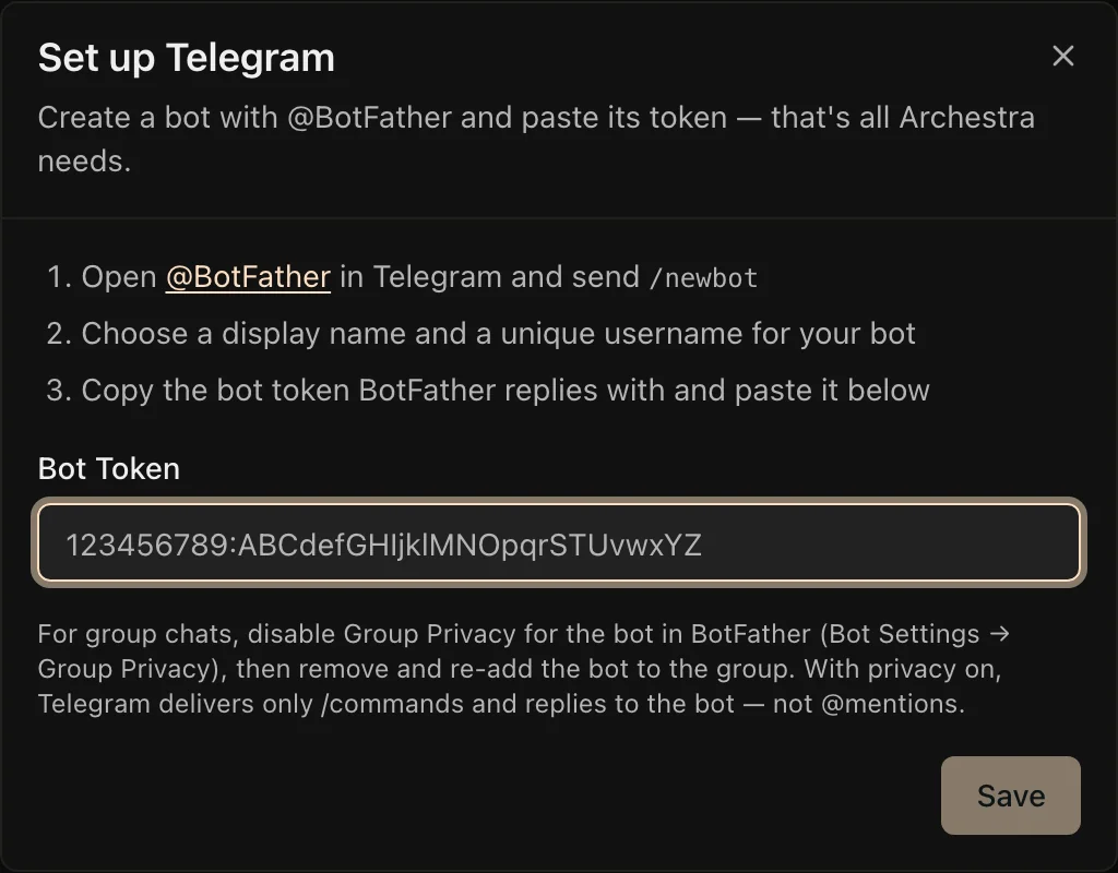 The Telegram setup dialog with the bot token field