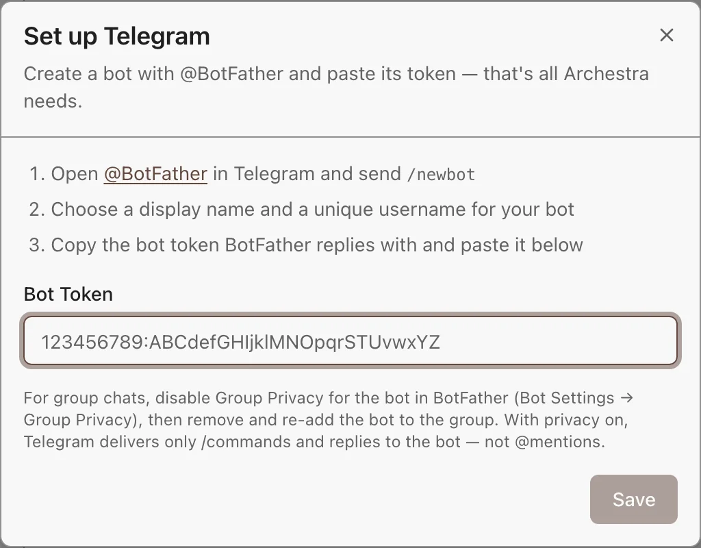 The Telegram setup dialog with the bot token field