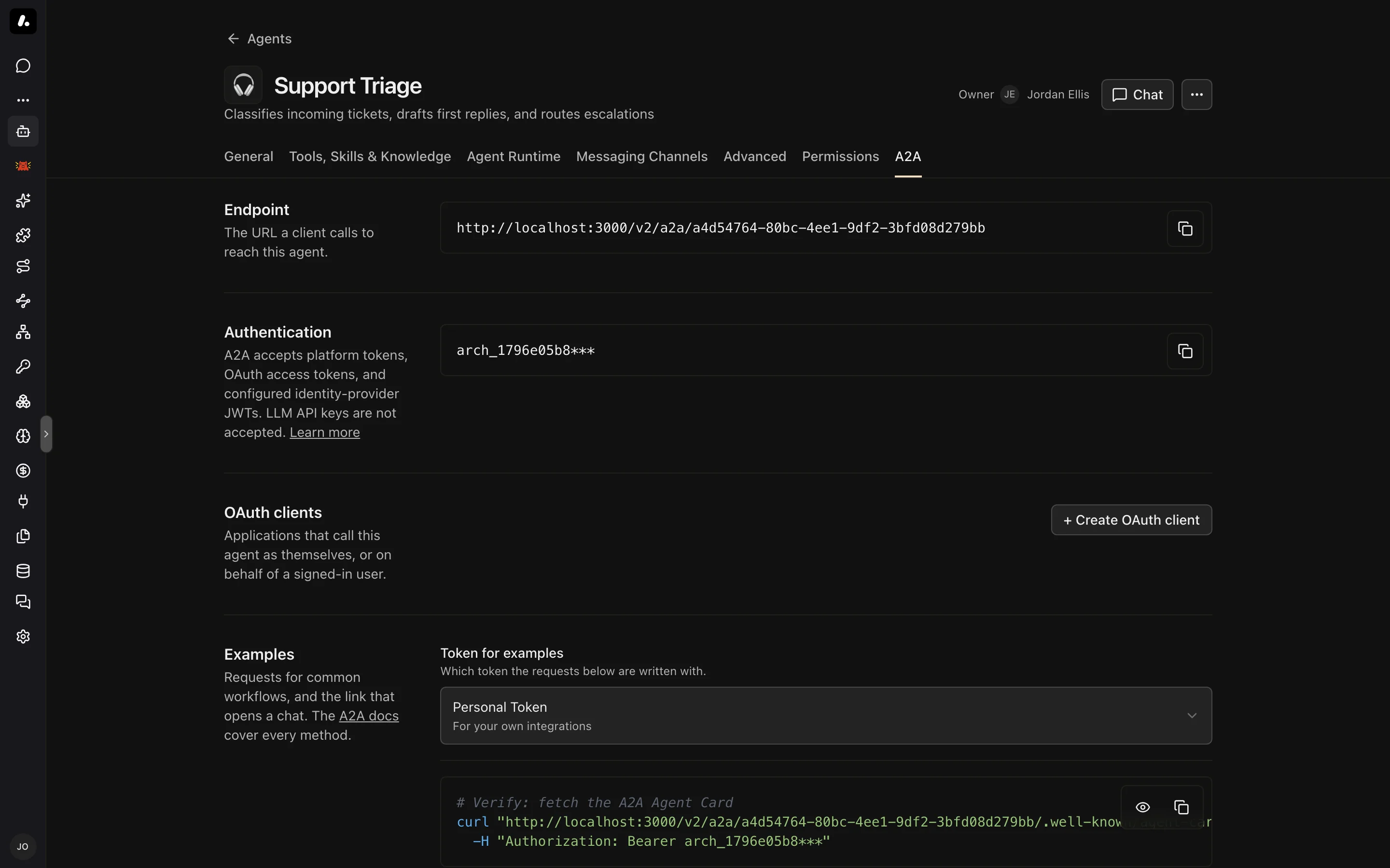 The A2A tab of an agent, showing its endpoint URL and the token used to call it