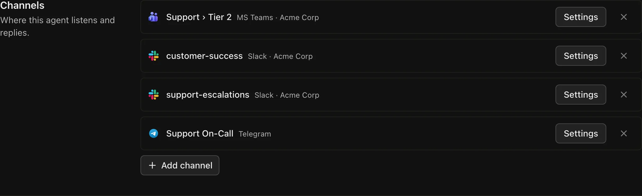 An agent's Messaging Channels tab with Slack, Teams, and Telegram channels and an email address