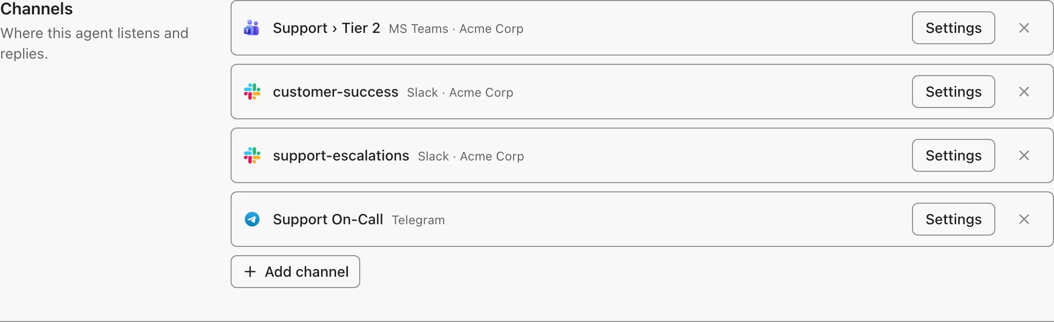 An agent's Messaging Channels tab with Slack, Teams, and Telegram channels and an email address