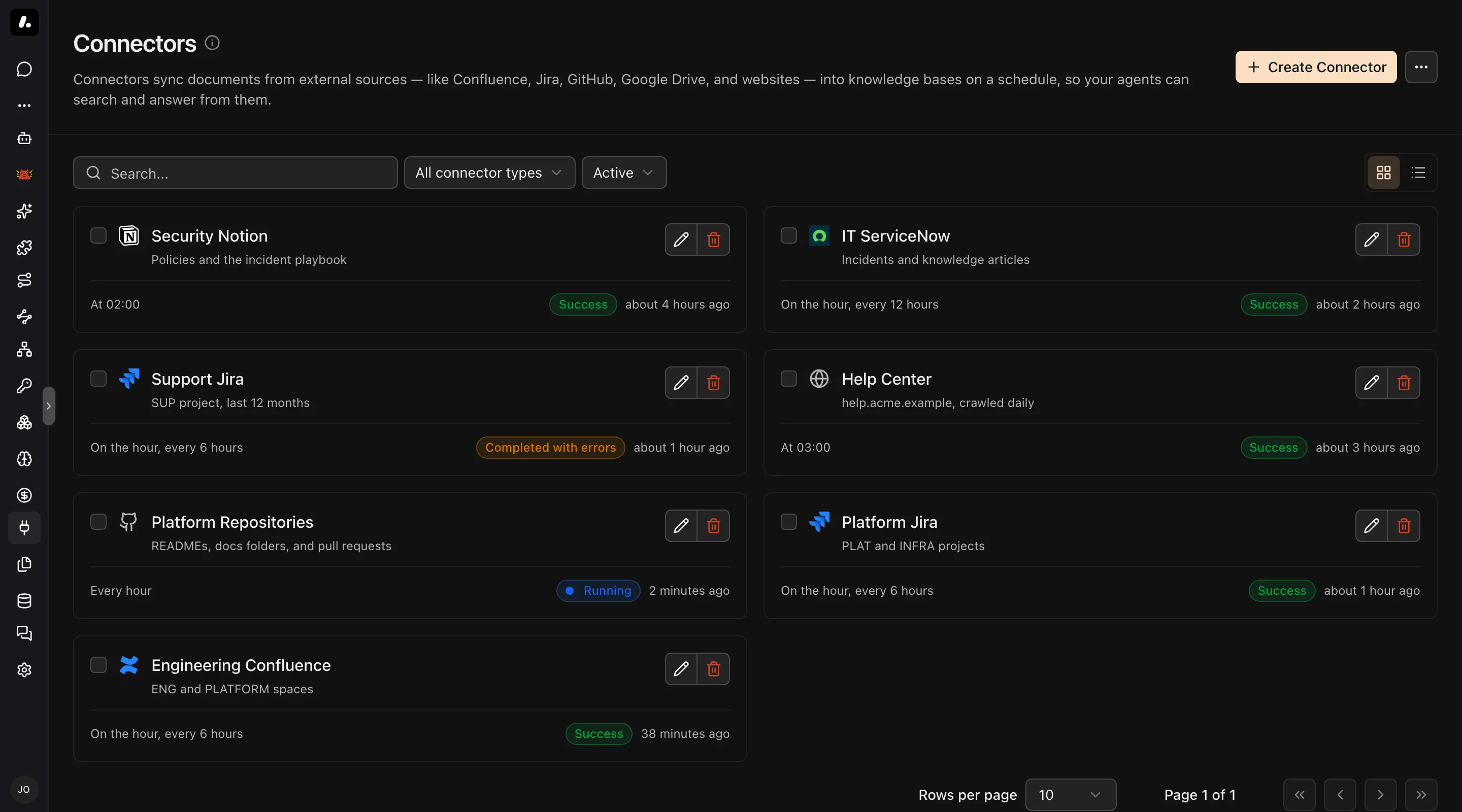 Connectors page with seven connectors, their sync schedules, and the status of each last sync
