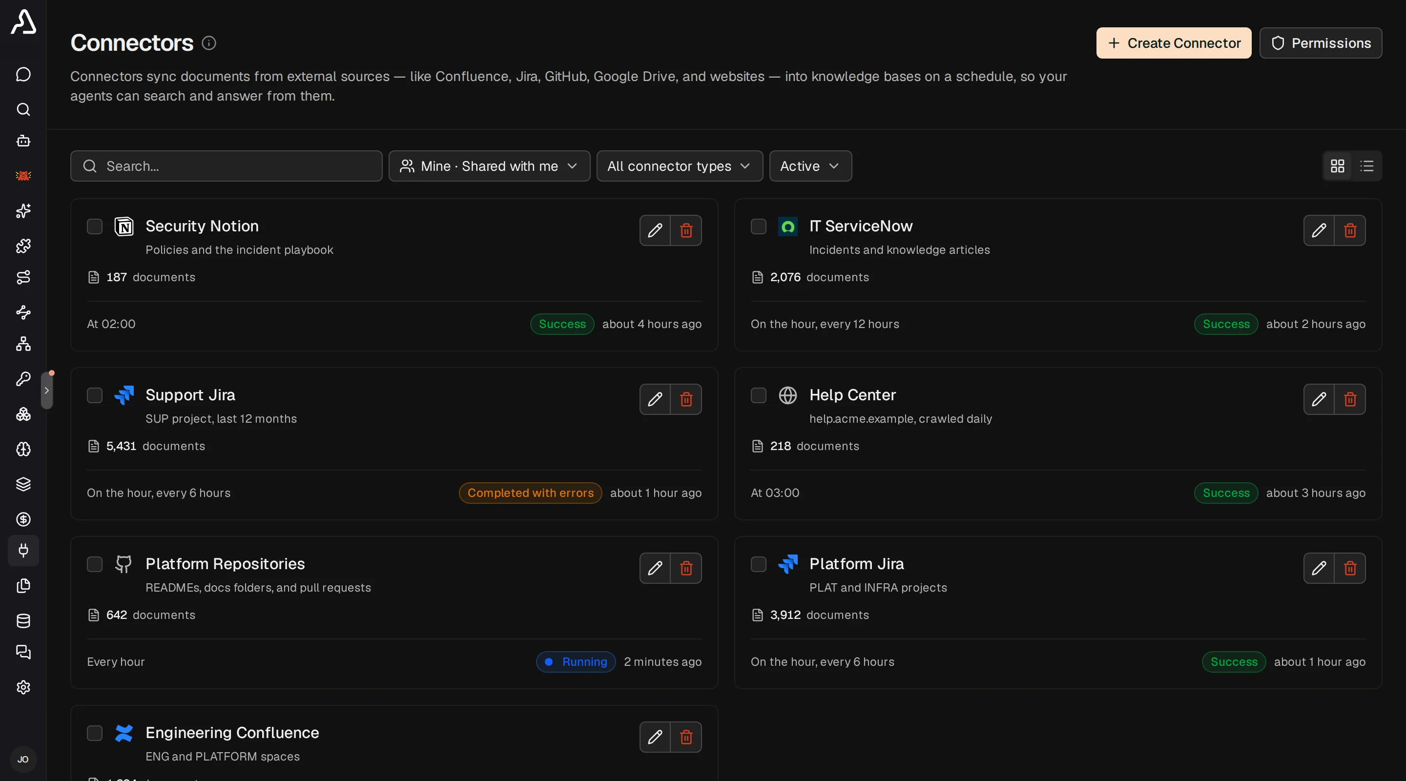 Connectors page with seven connectors, their sync schedules, and the status of each last sync