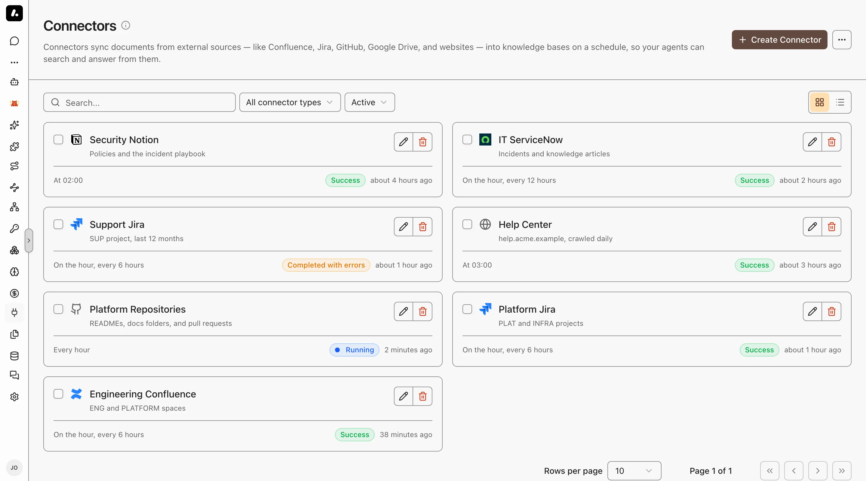 Connectors page with seven connectors, their sync schedules, and the status of each last sync