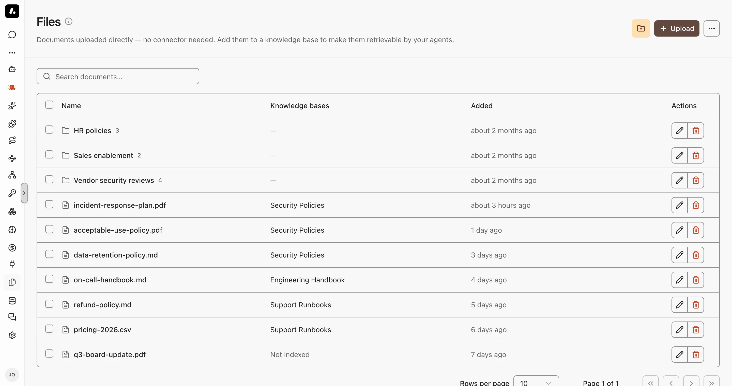Files page with three directories and uploaded files, each with the Knowledge Base it is indexed in