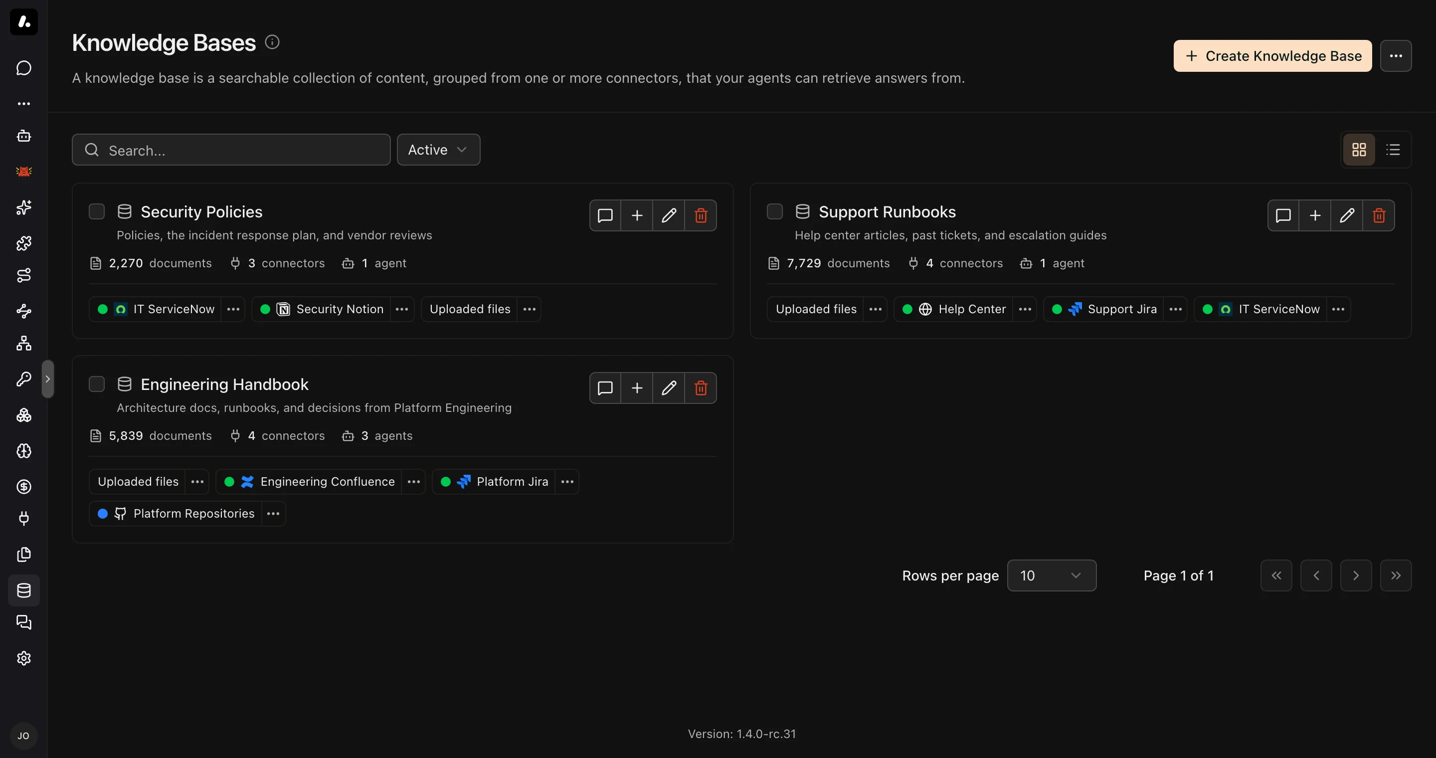 Knowledge Bases page with three bases, their connectors, document counts, and agents