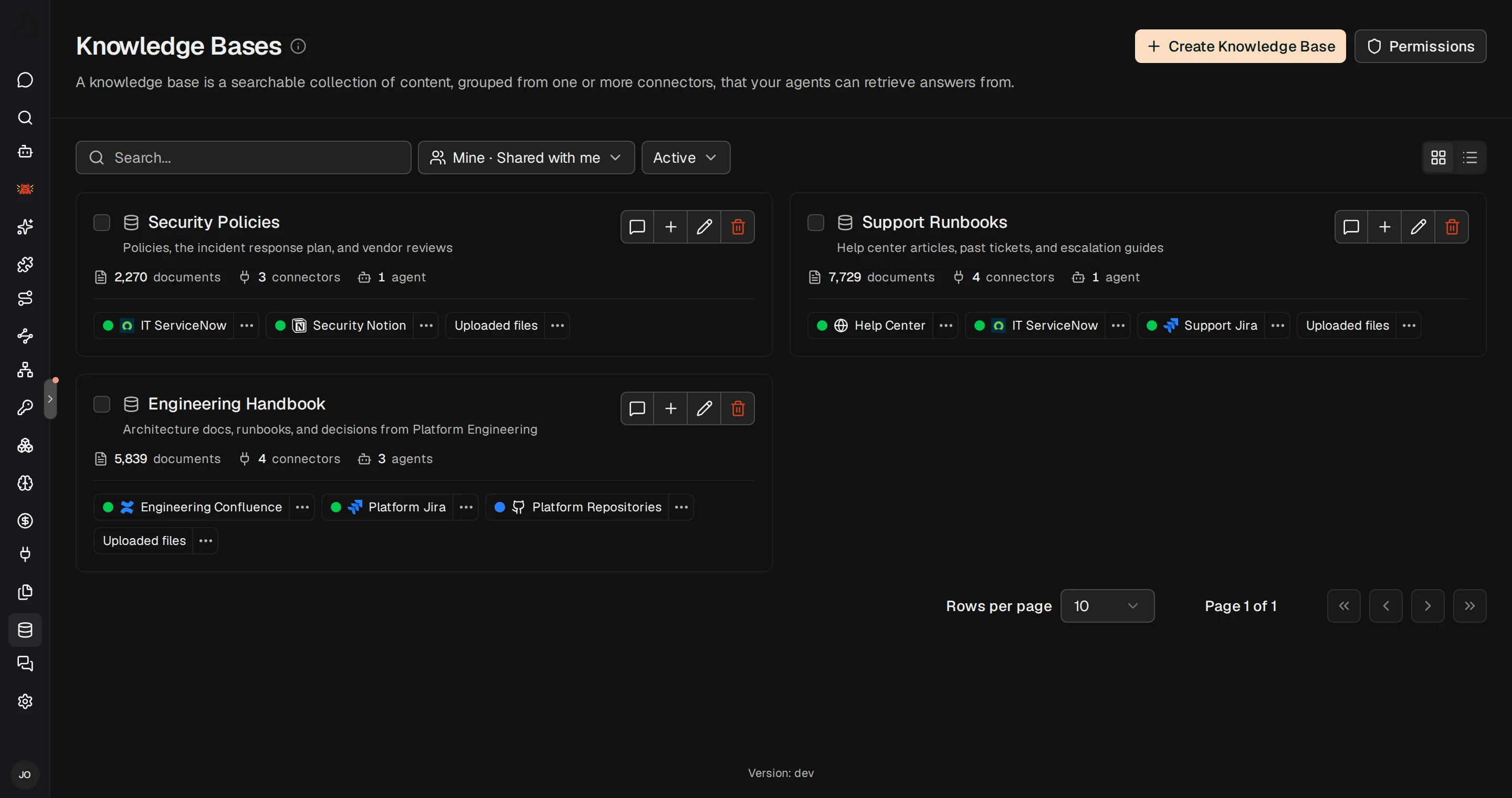 Knowledge Bases page with three bases, their connectors, document counts, and agents
