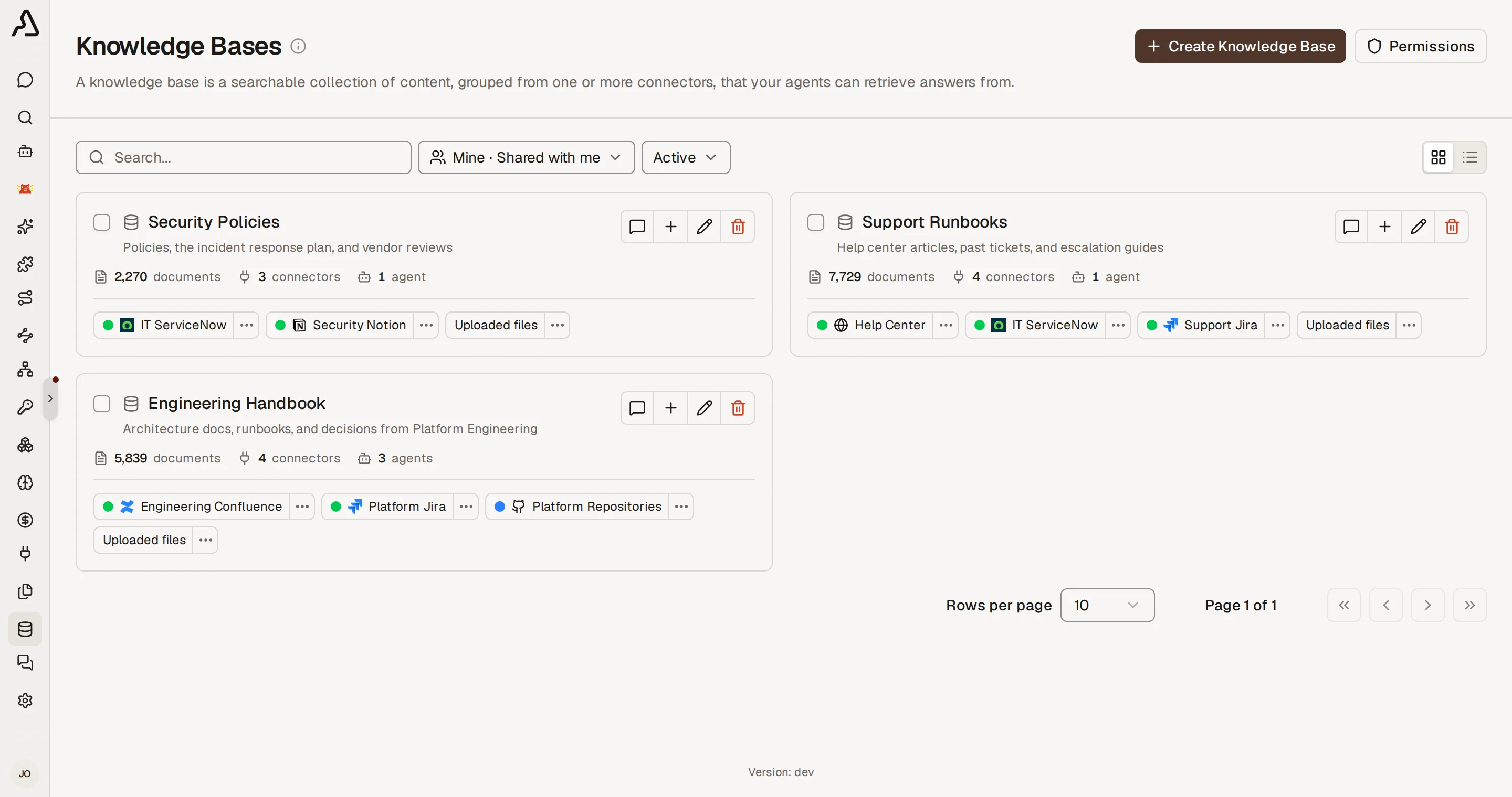 Knowledge Bases page with three bases, their connectors, document counts, and agents