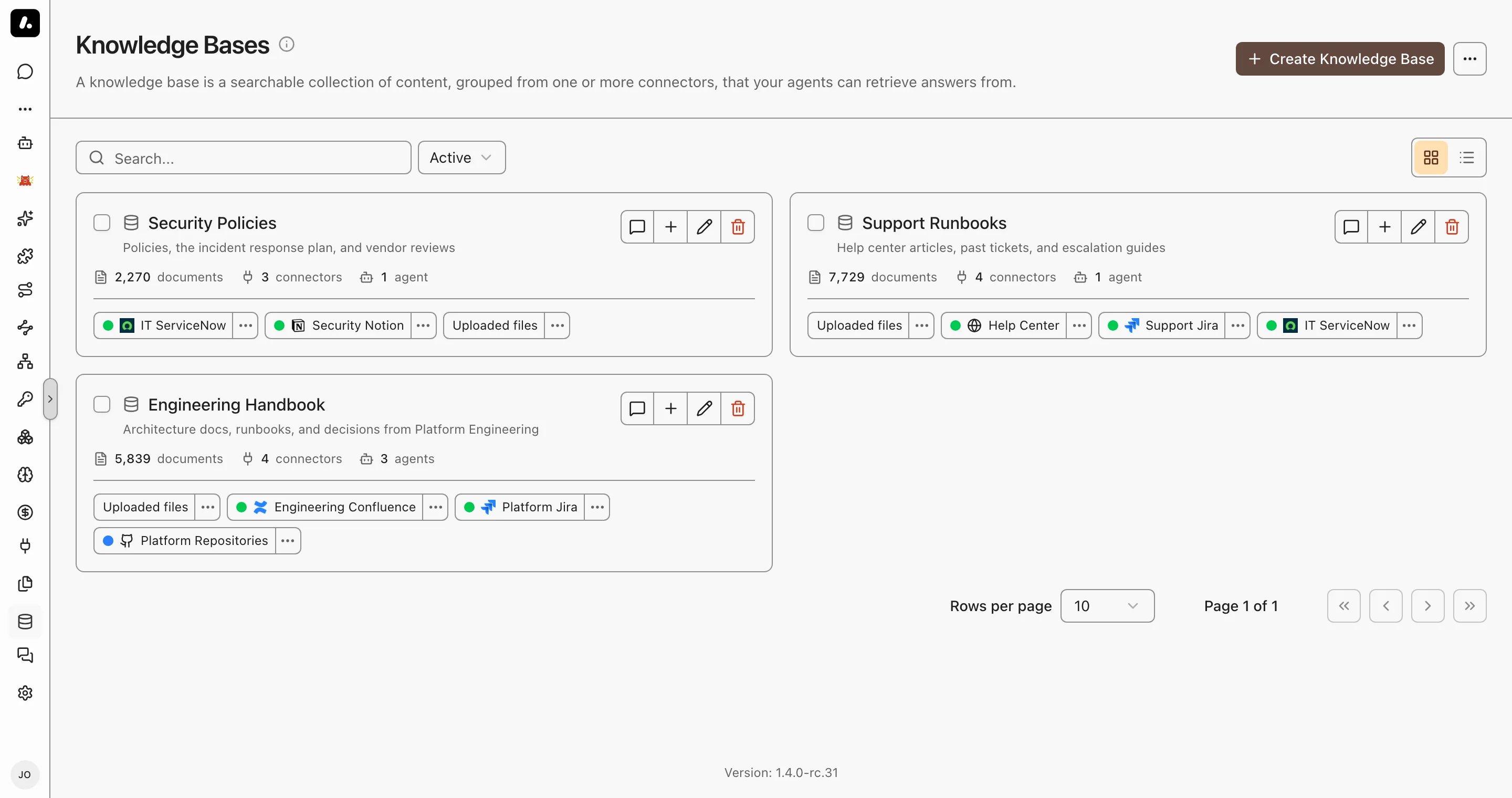 Knowledge Bases page with three bases, their connectors, document counts, and agents