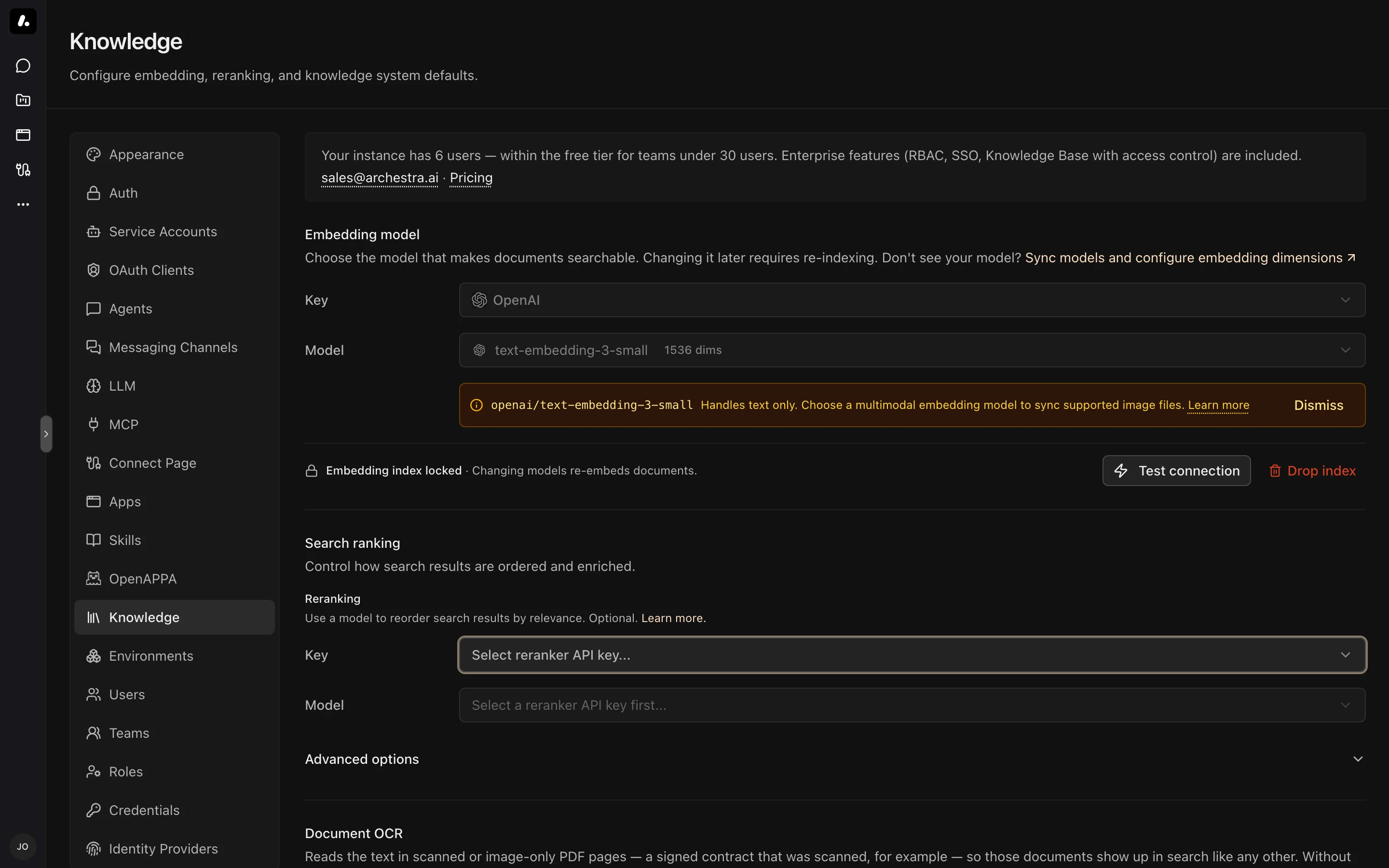 Embedding, search ranking, and OCR settings