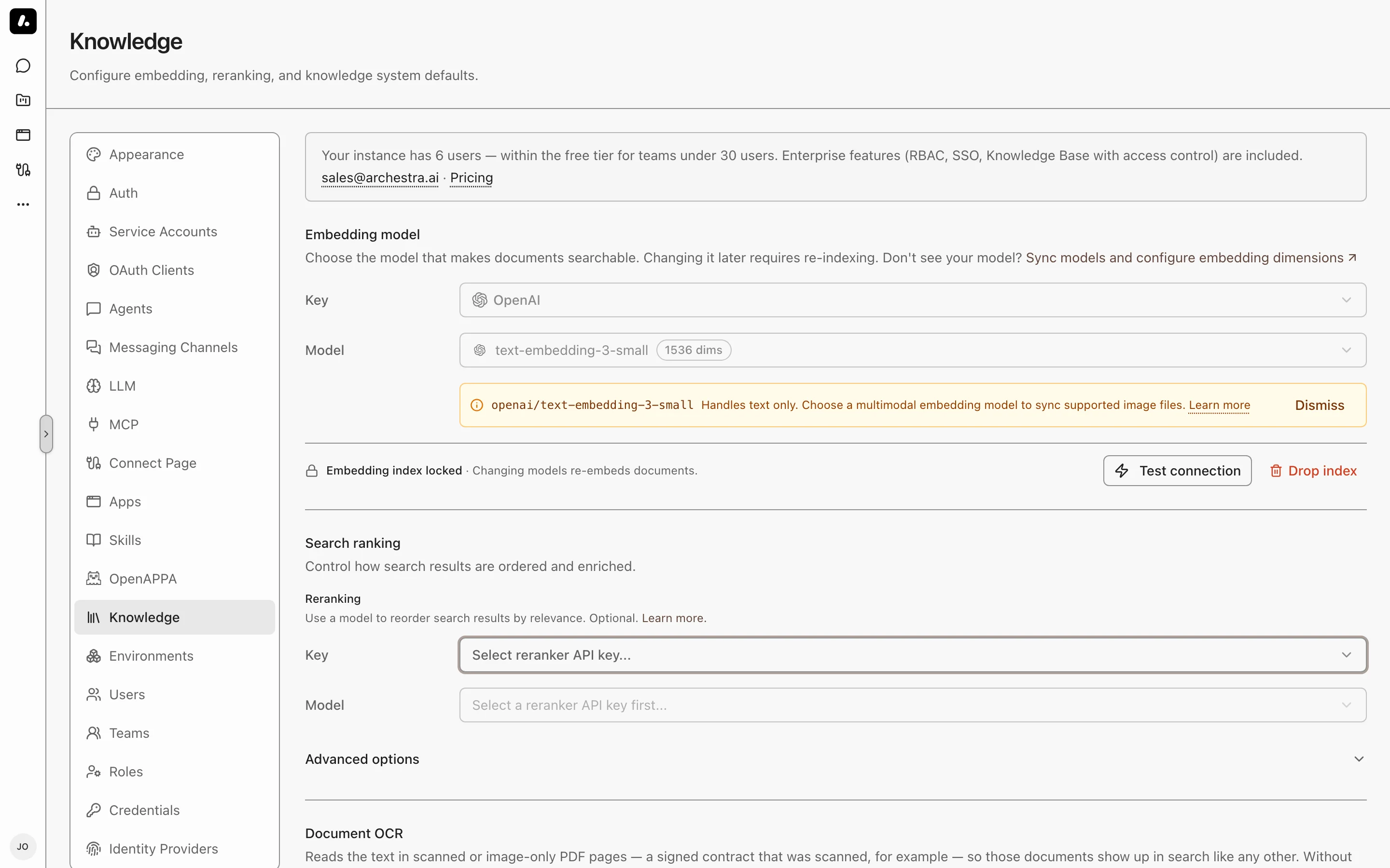 Embedding, search ranking, and OCR settings