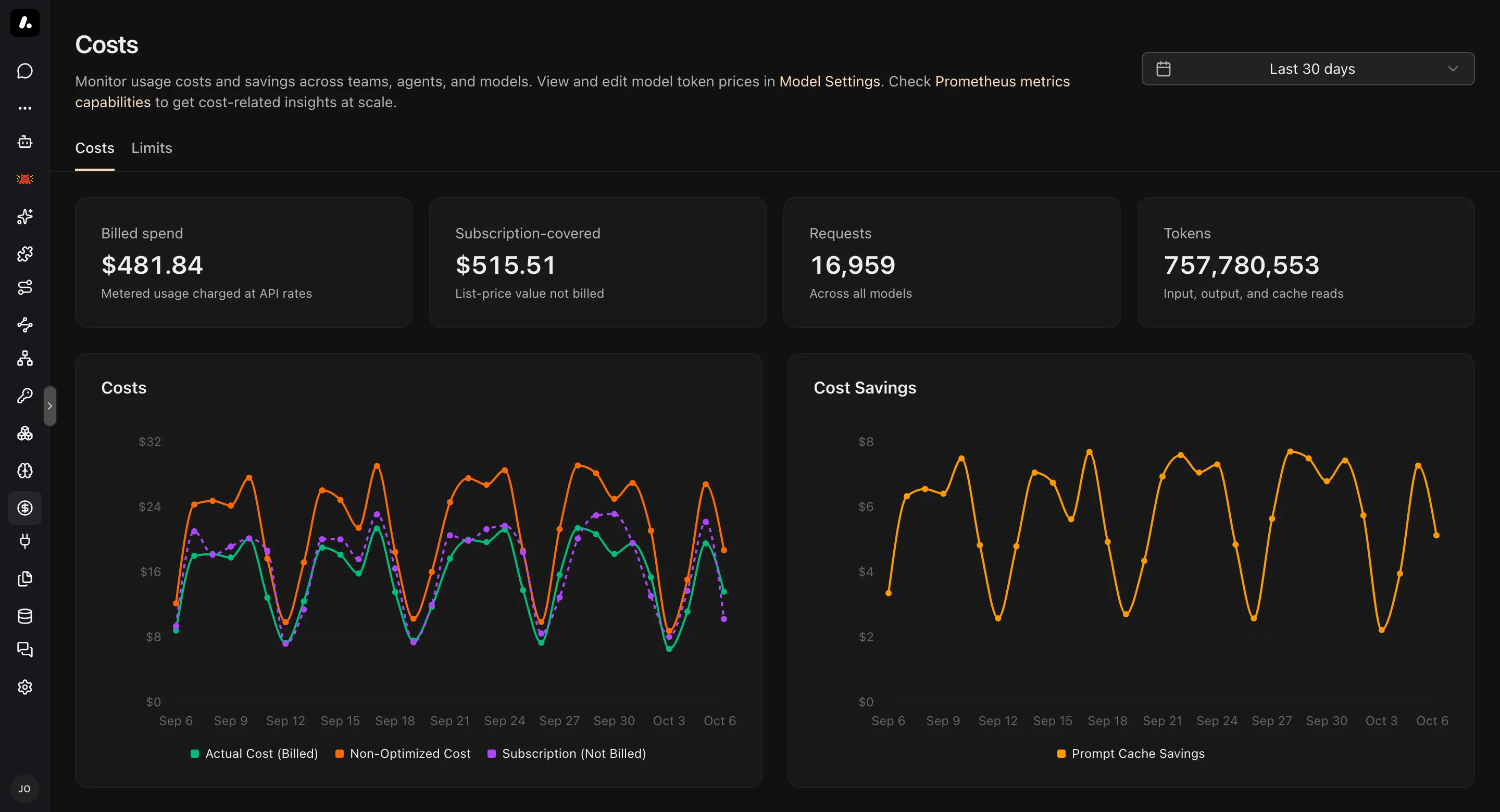 Costs & Limits → Costs for the last 30 days: billed spend, subscription-covered use, requests, tokens, and daily cost and cache-savings charts