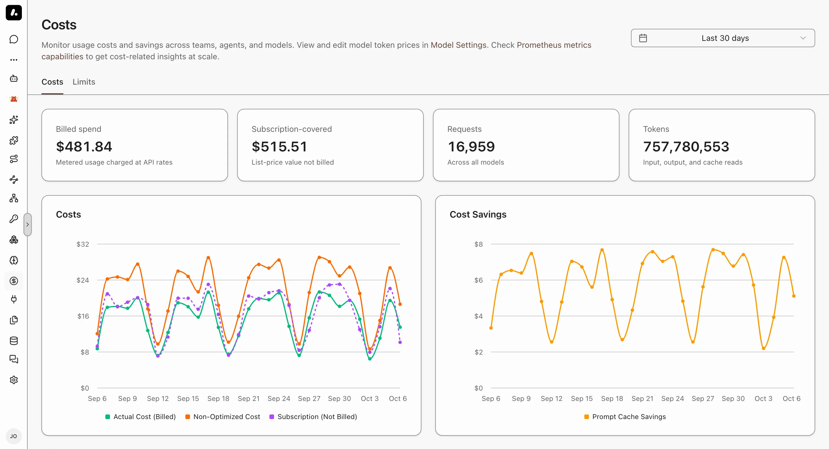Costs & Limits → Costs for the last 30 days: billed spend, subscription-covered use, requests, tokens, and daily cost and cache-savings charts