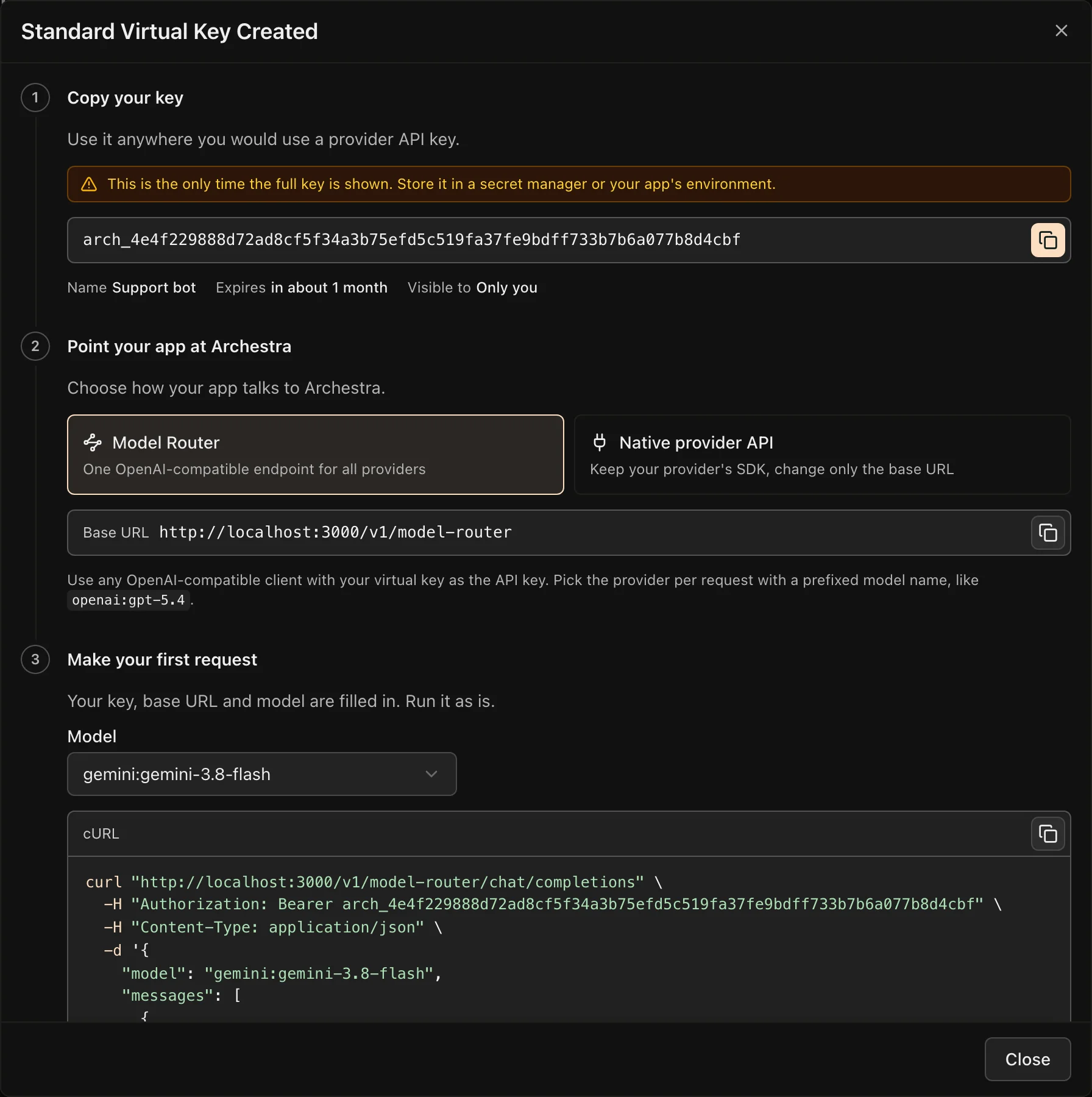 The new virtual key dialog, with the key and the Model Router base URL to copy