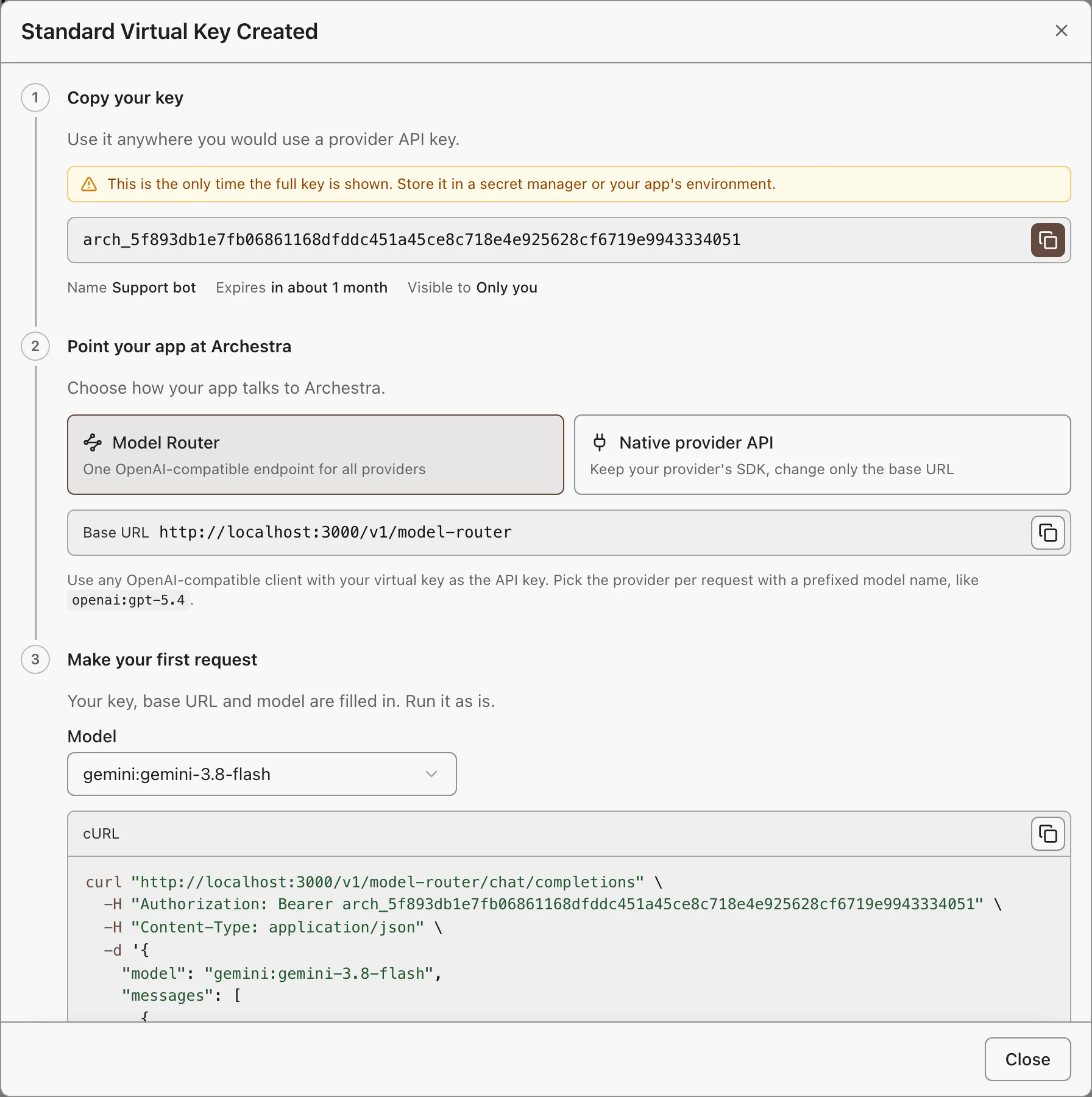 The new virtual key dialog, with the key and the Model Router base URL to copy