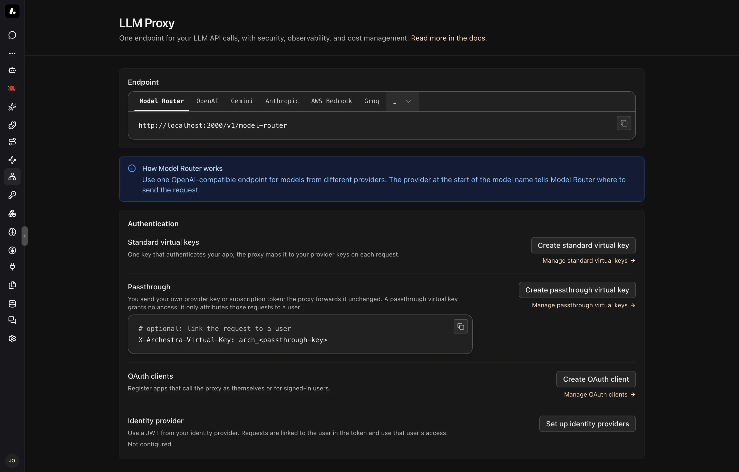 The LLM Proxy page, with the endpoint for each provider and the four ways to sign in