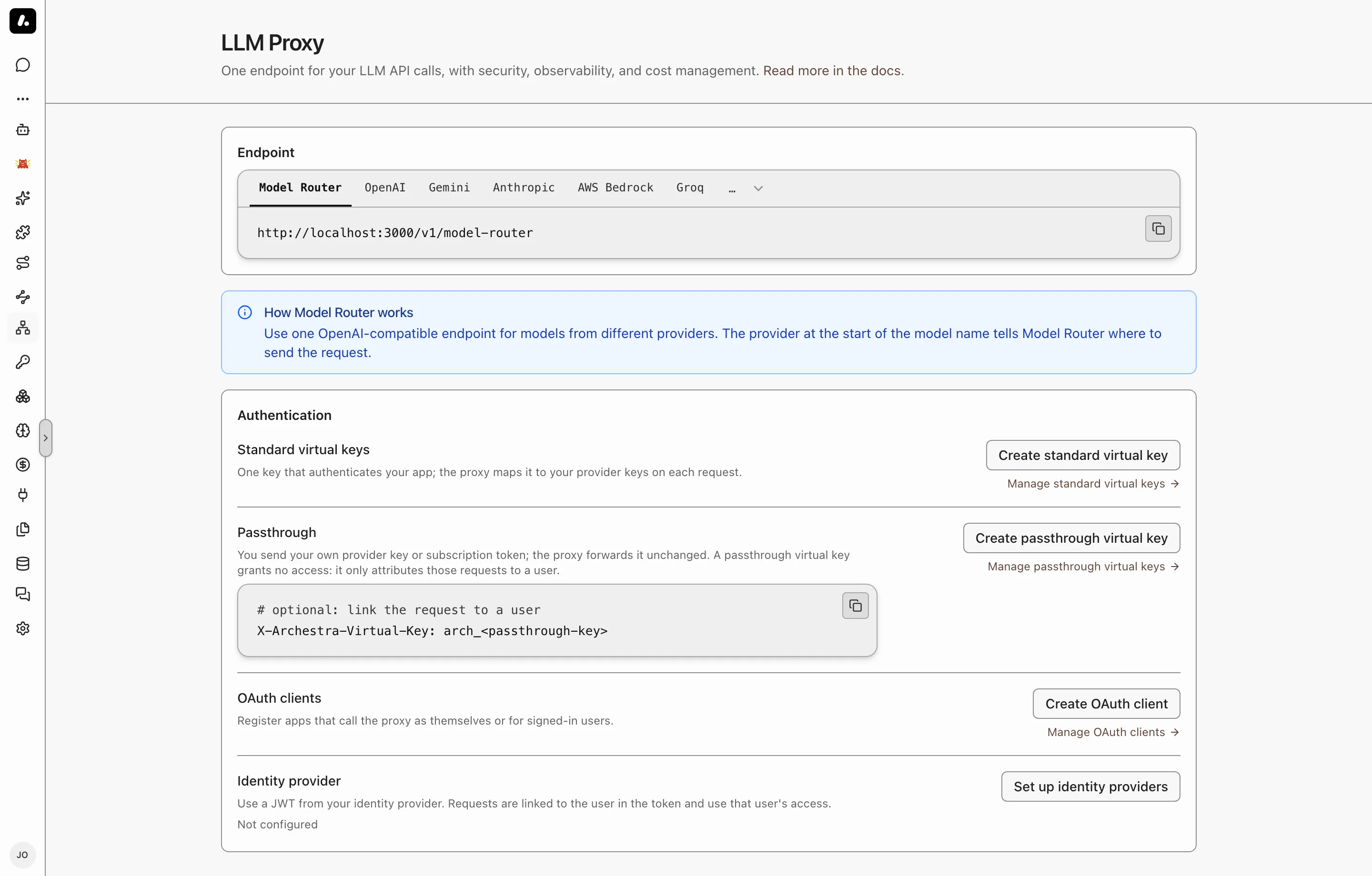 The LLM Proxy page, with the endpoint for each provider and the four ways to sign in