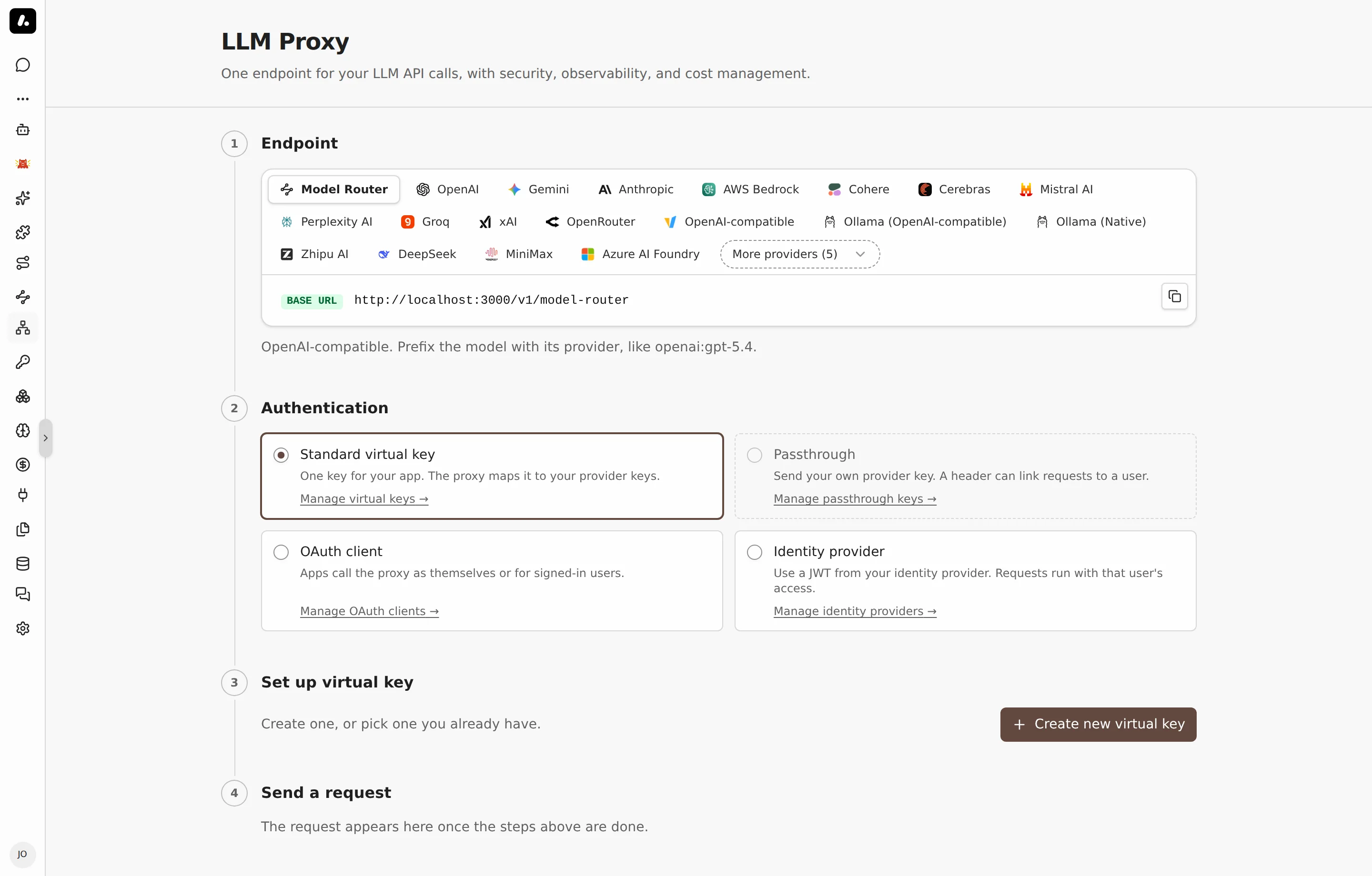 The LLM Proxy page, with the endpoint for each provider and the four ways to sign in
