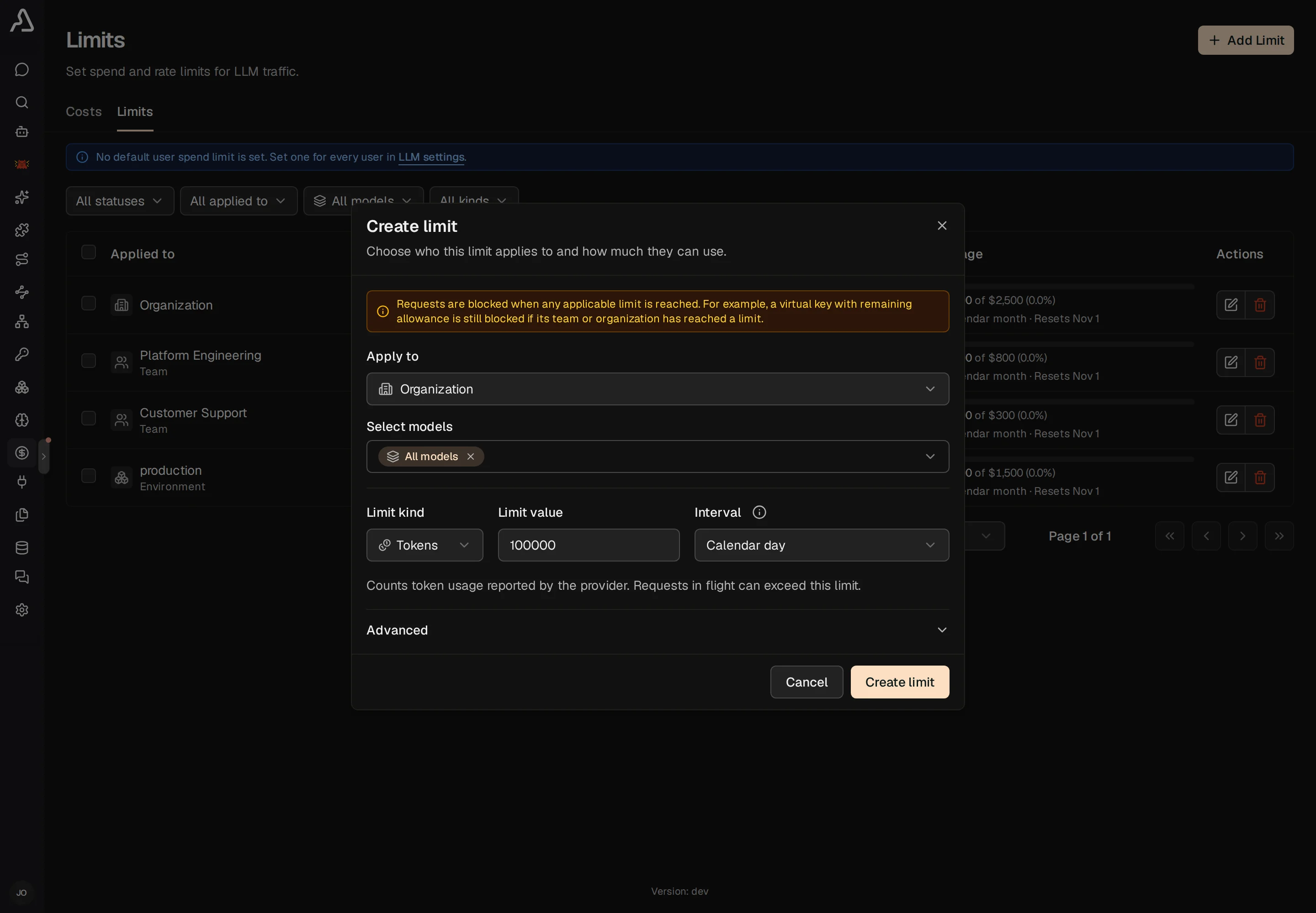 The Create limit dialog showing scope, model selection, limit value, limit kind, and interval