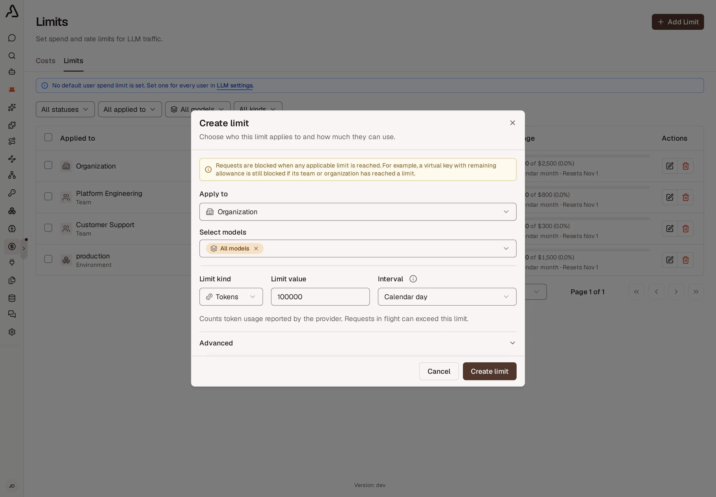 The Create limit dialog showing scope, model selection, limit value, limit kind, and interval