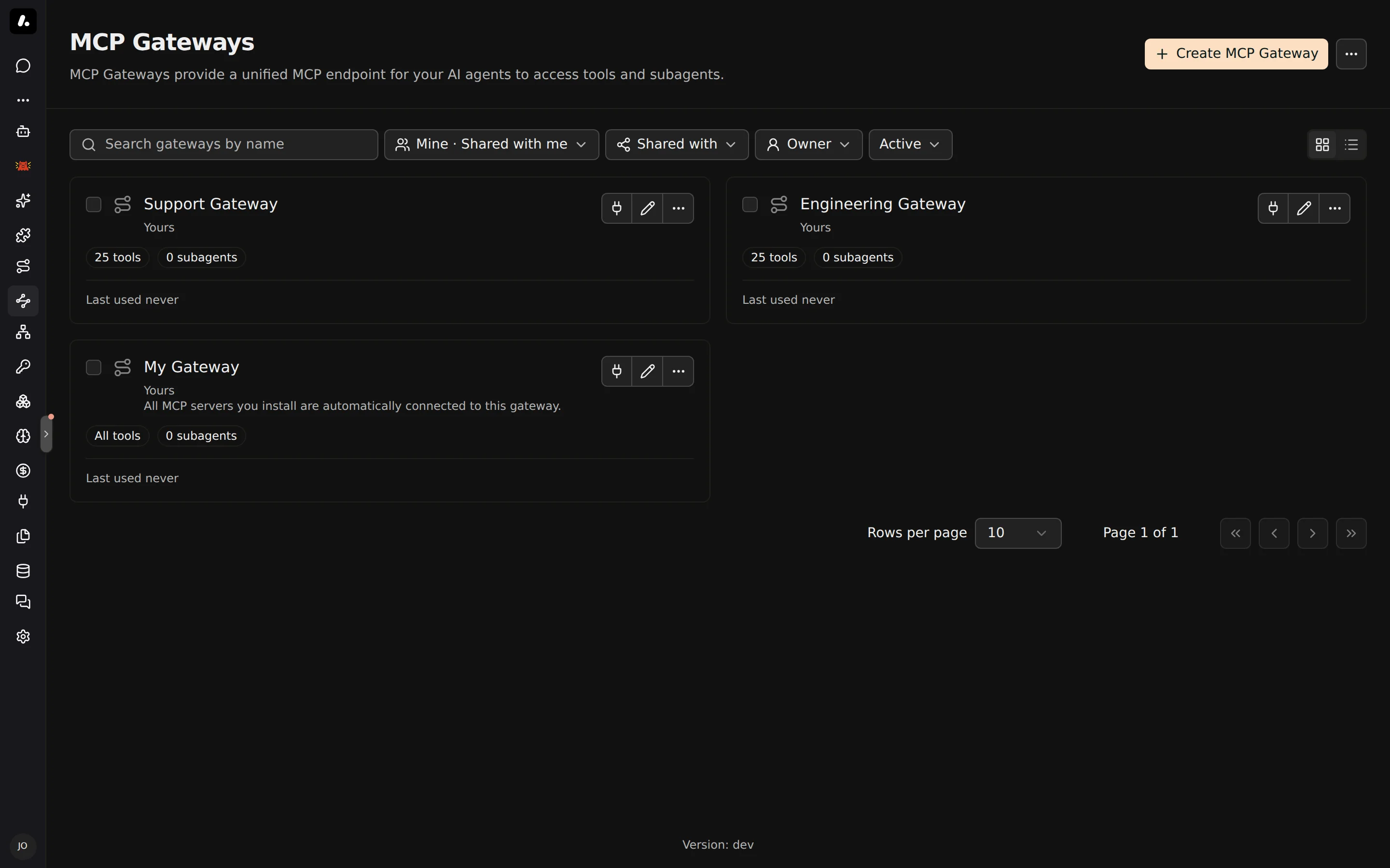 The MCP Gateways page with personal and shared gateways