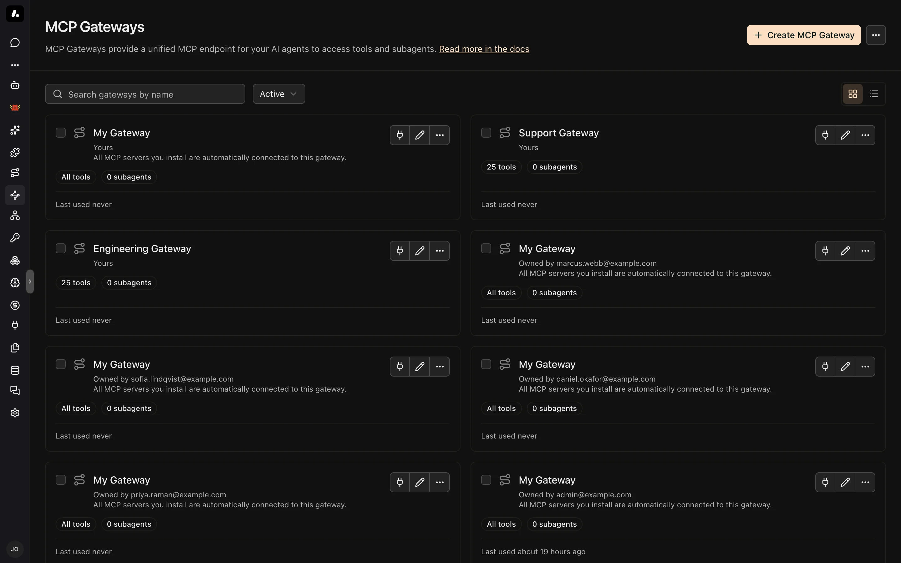 The MCP Gateways page with personal and shared gateways