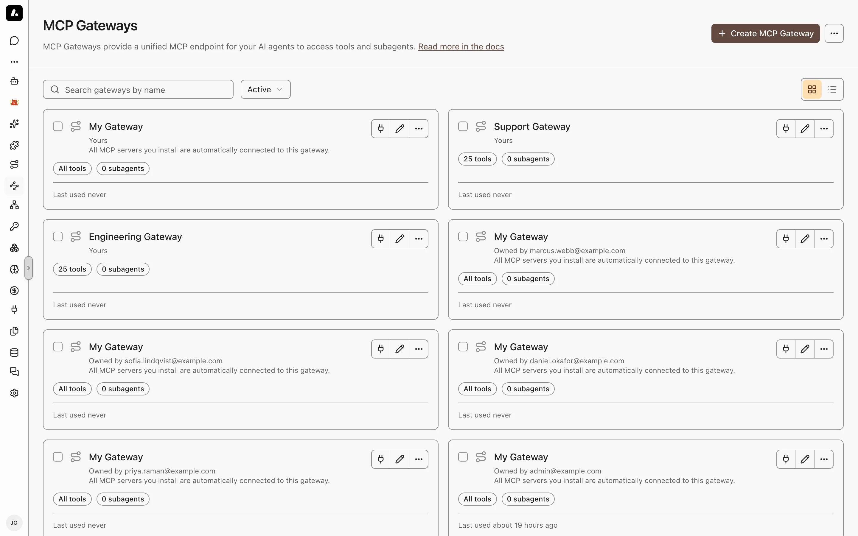 The MCP Gateways page with personal and shared gateways