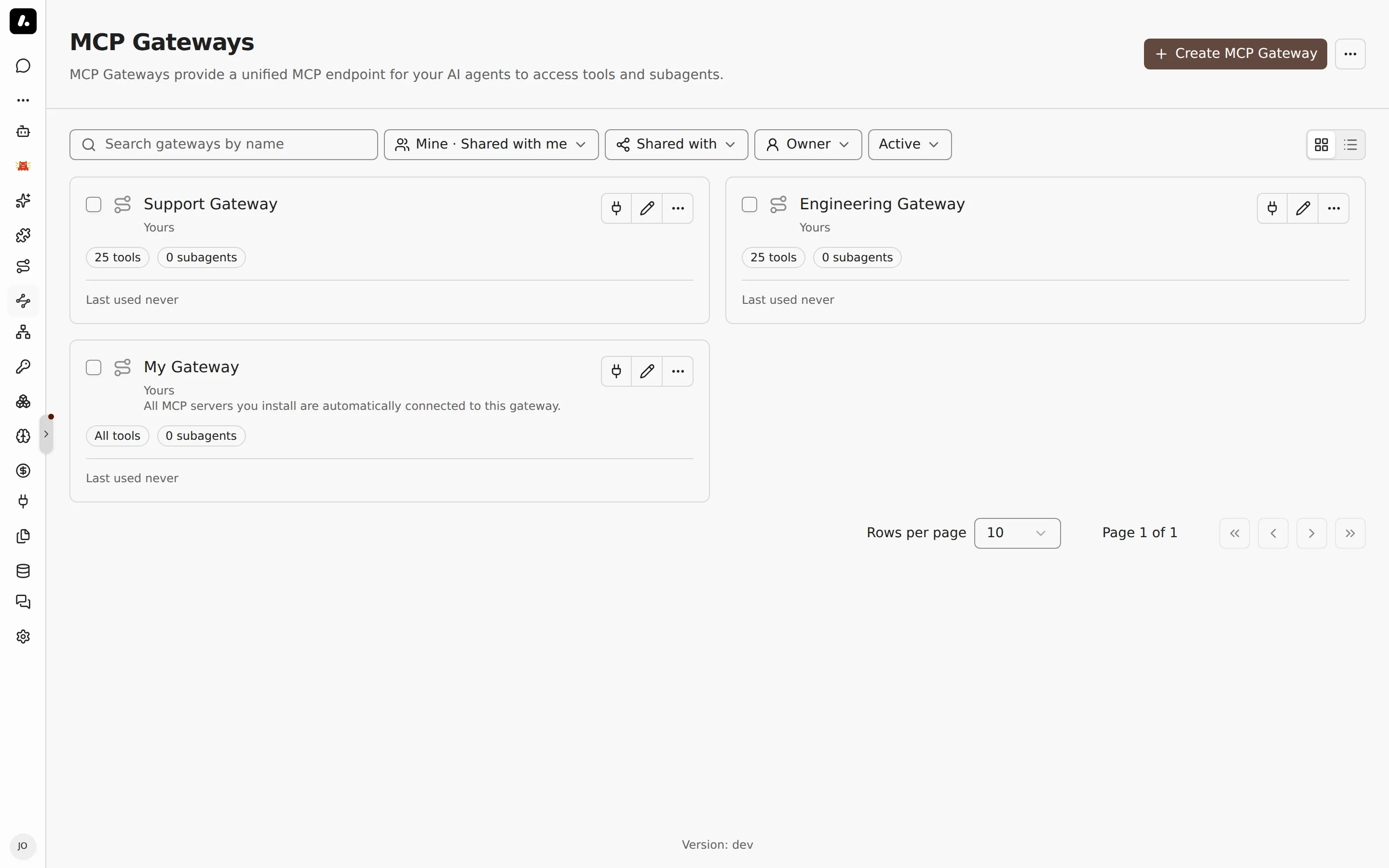 The MCP Gateways page with personal and shared gateways